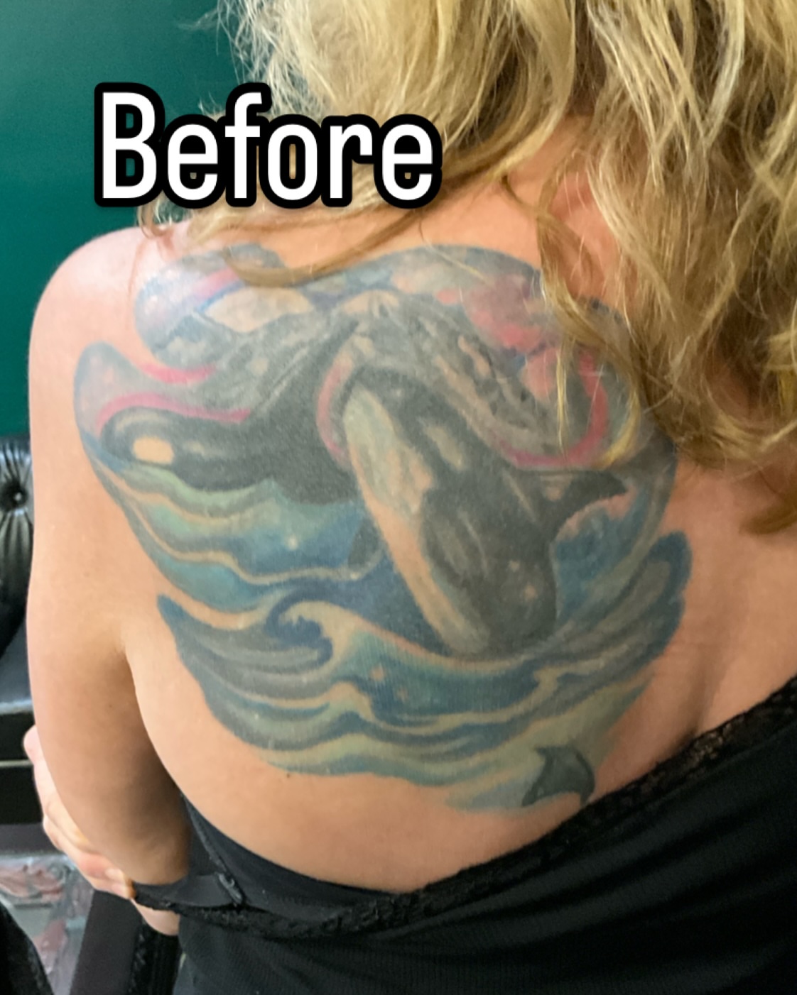 Whale and waves new school tattoo on the back by Ryan