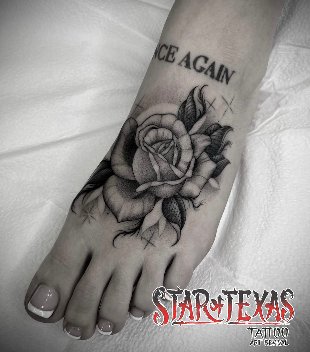 Rose black and grey tattoo on the foot by Martha Gual π€ East ATX Tattooer