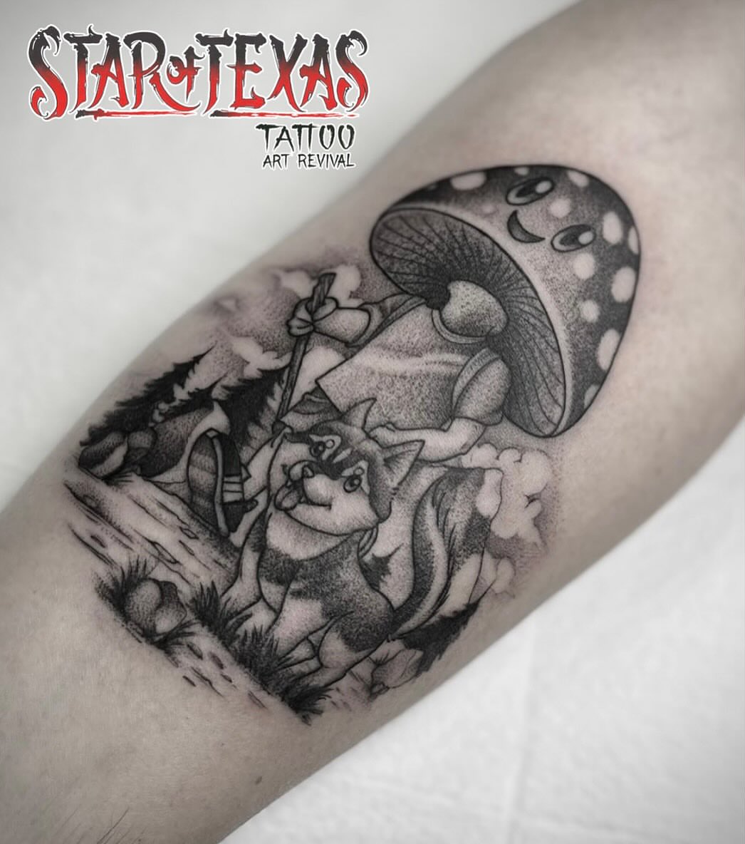 Cat and mushroom dotwork tattoo on the forearm by Martha Gual π€ East ATX Tattooer