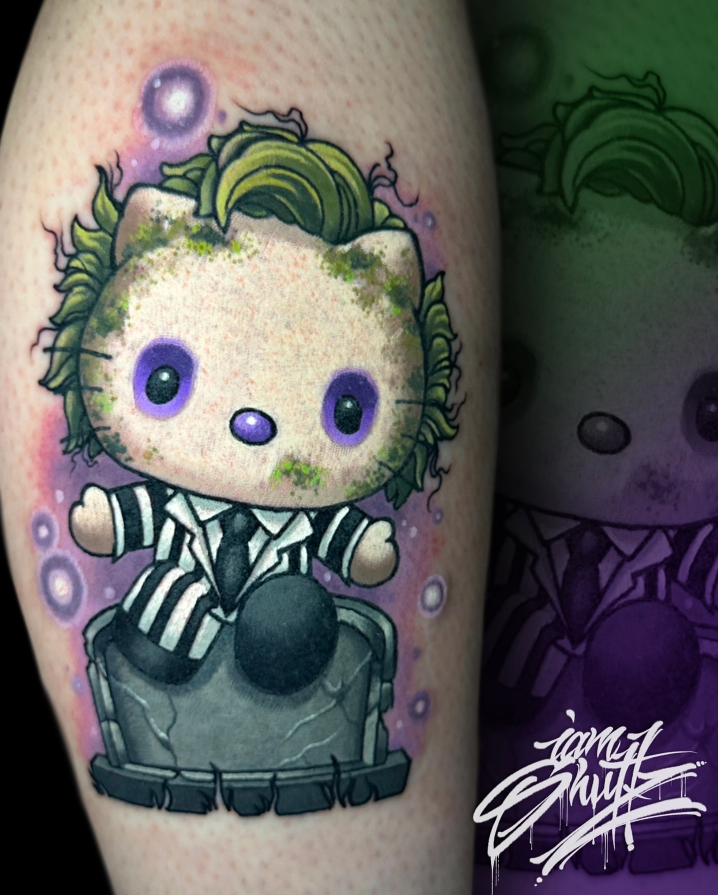 Joker cat dotwork tattoo on the forearm by Mike Shultz