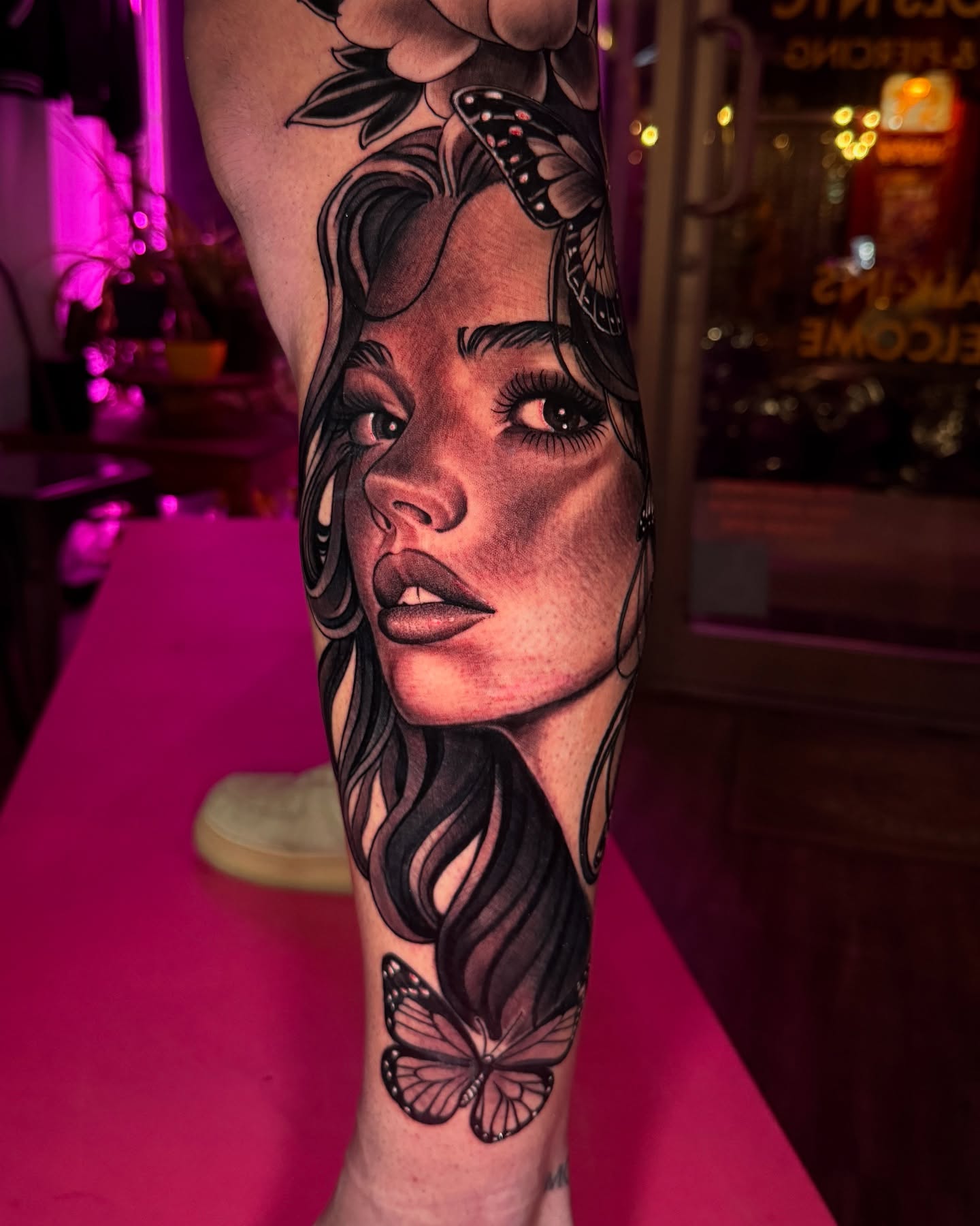 Woman's face realism tattoo on the forearm by Jon Mesa