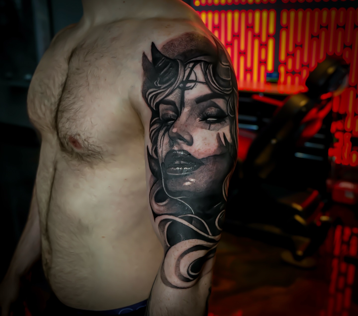 Woman's face realism tattoo on the shoulder by Mandi Marie, Charlotte, North Carolina