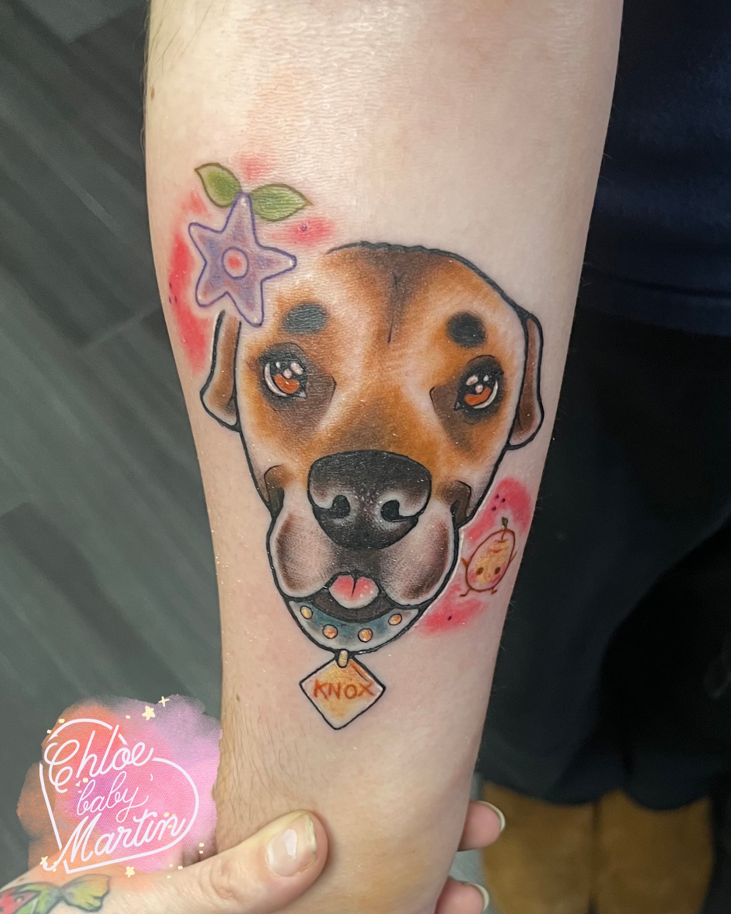 Dog realism tattoo on the forearm by Chloe ‘baby’ Martin