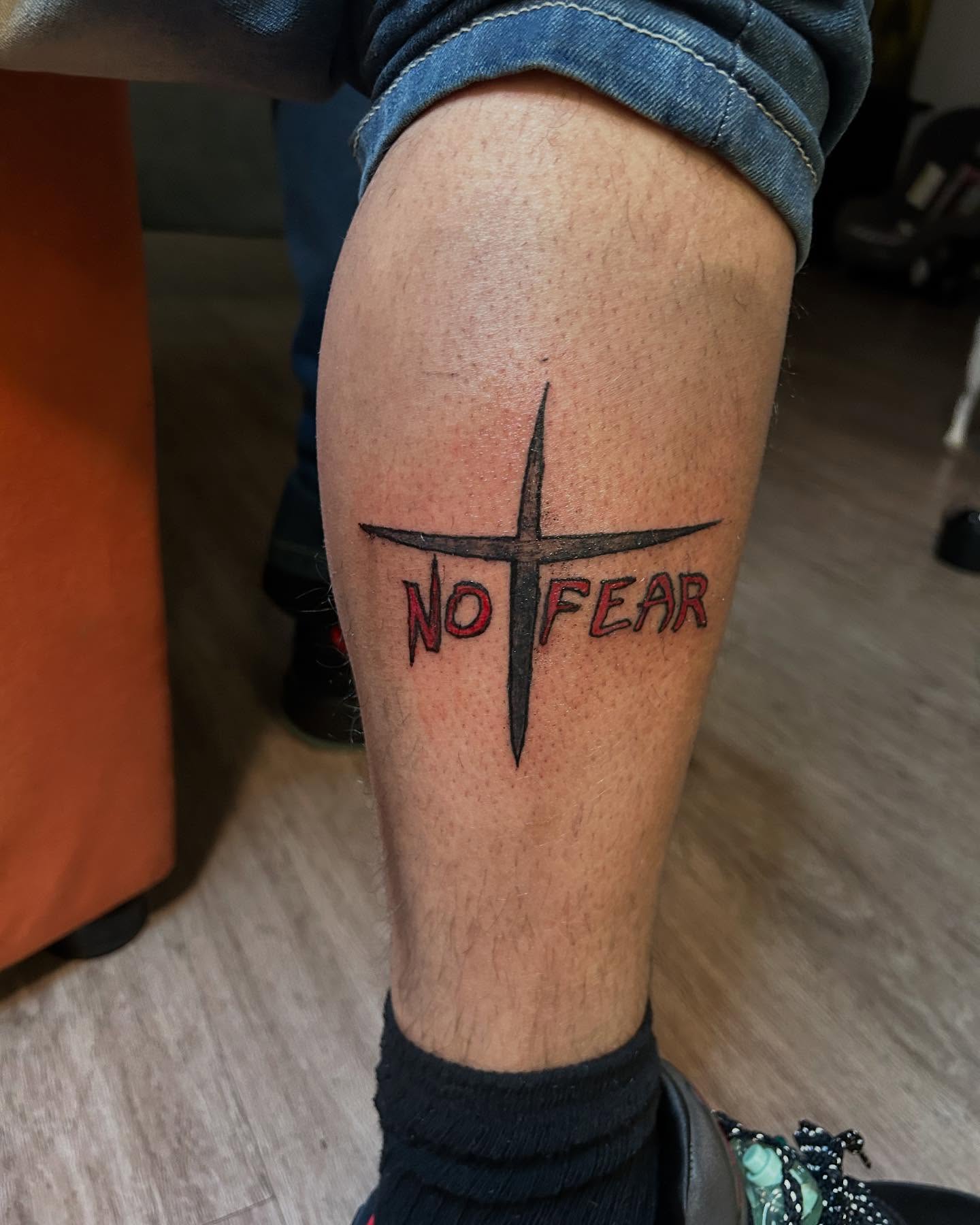 Cross with text lettering script tattoo on the leg by 702tattoo💉🩸