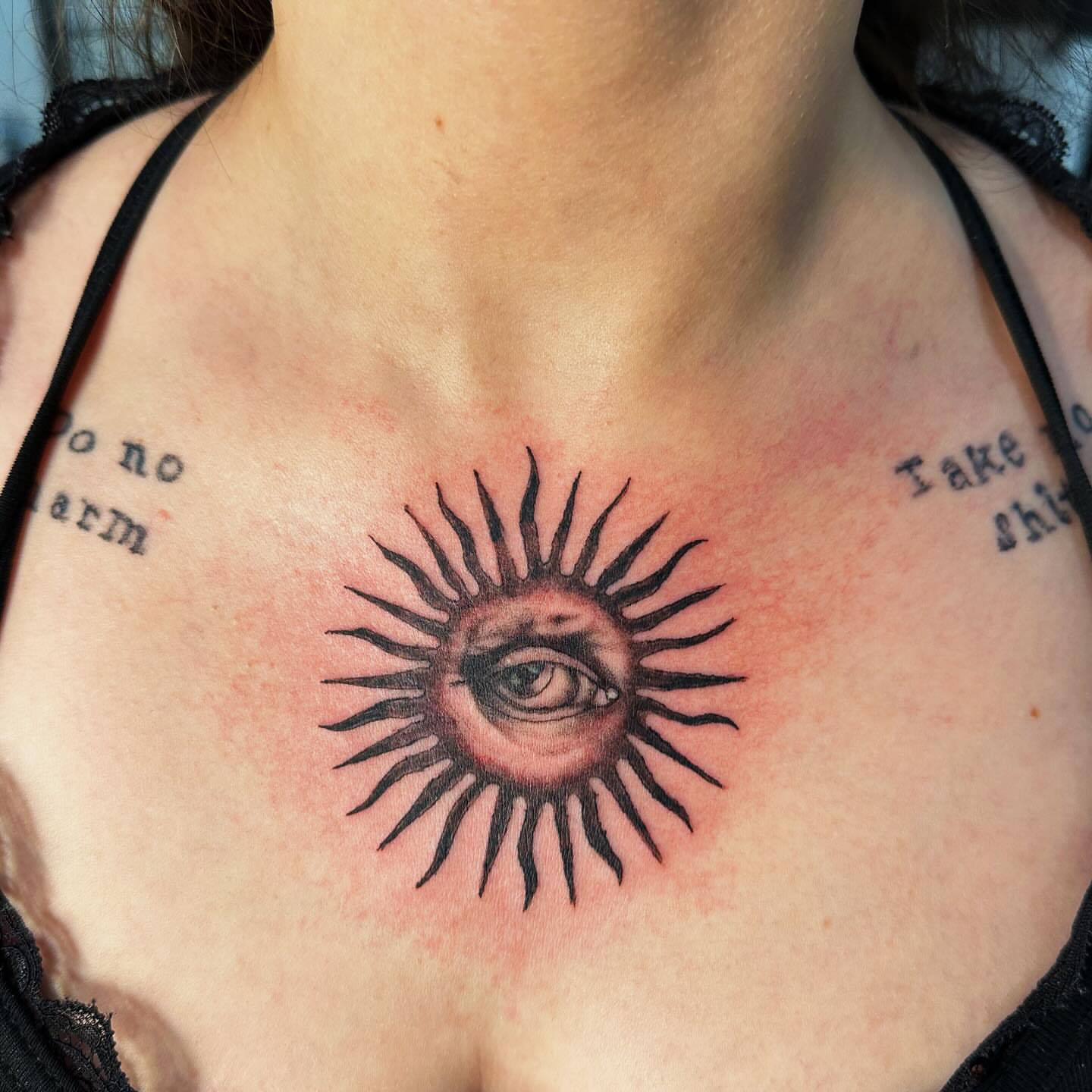 Eye within sun neo-traditional tattoo on the chest by πΎππ π π·ππ πππππ πΏπππππ π¬πππππ