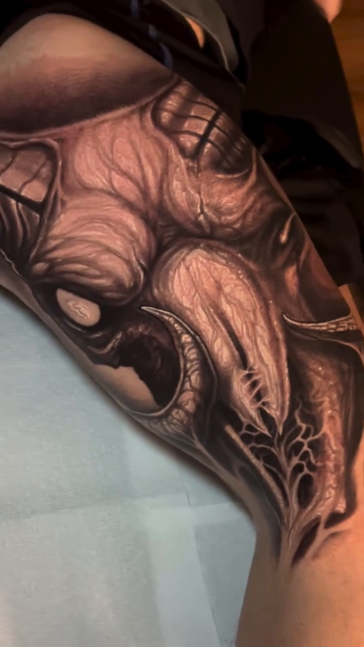 Tattoo by @aaronmtattoos — dark_realism, black_and_grey