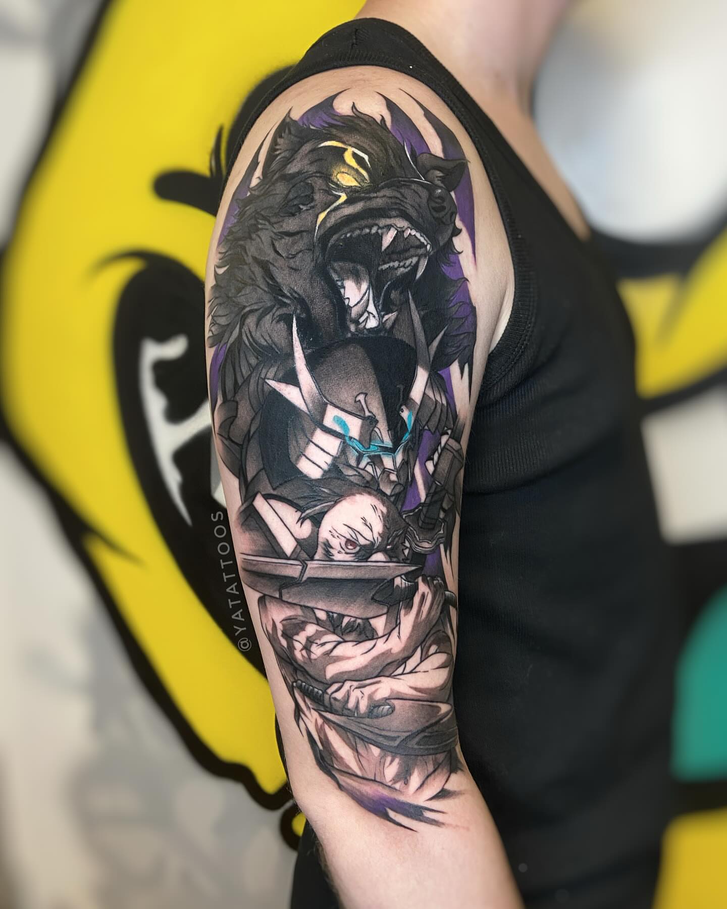 Wolf and warrior dark realism tattoo on the forearm by Yasmin Almeida