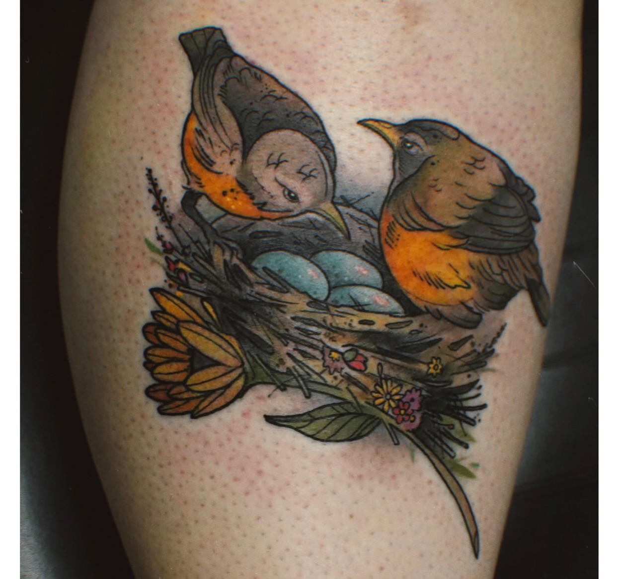 Birds and eggs realism tattoo on the thigh by Jamie Clinton