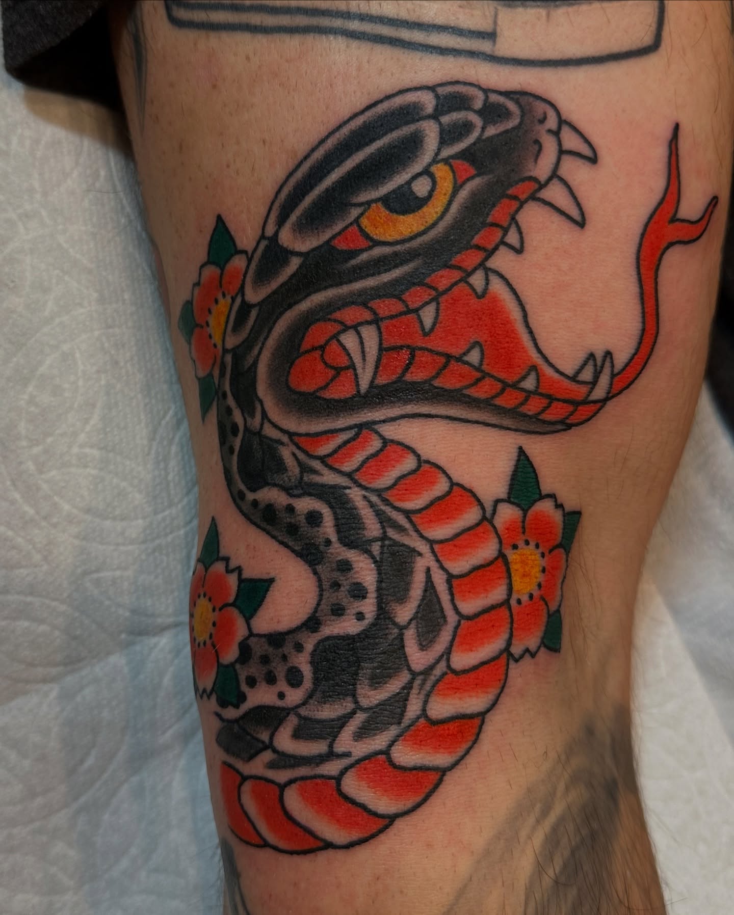 Snake American traditional tattoo on the forearm by Daniel Skillingstead