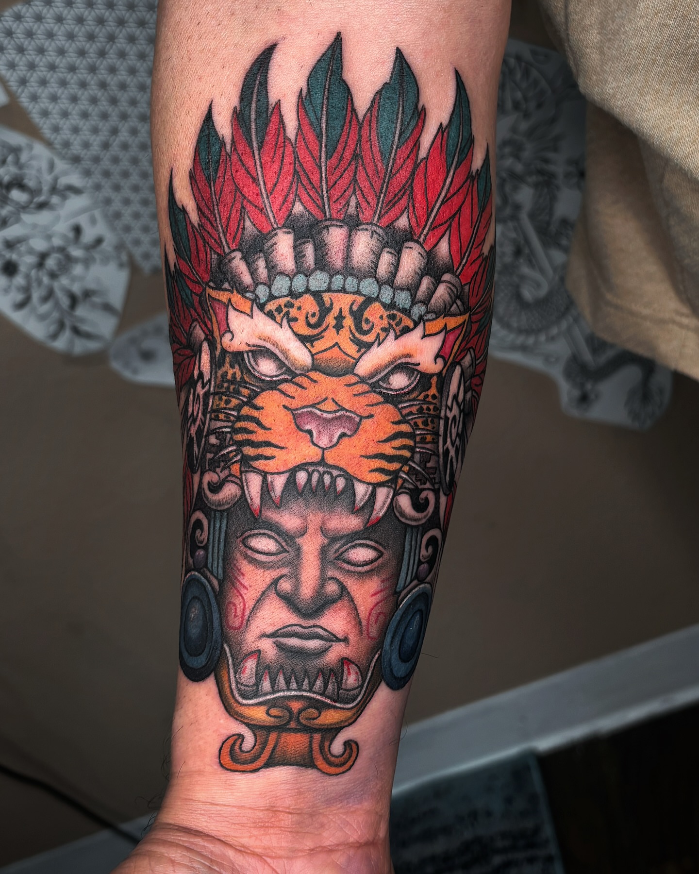 Jaguar mask American traditional tattoo on the forearm by Alexandria Gudiel