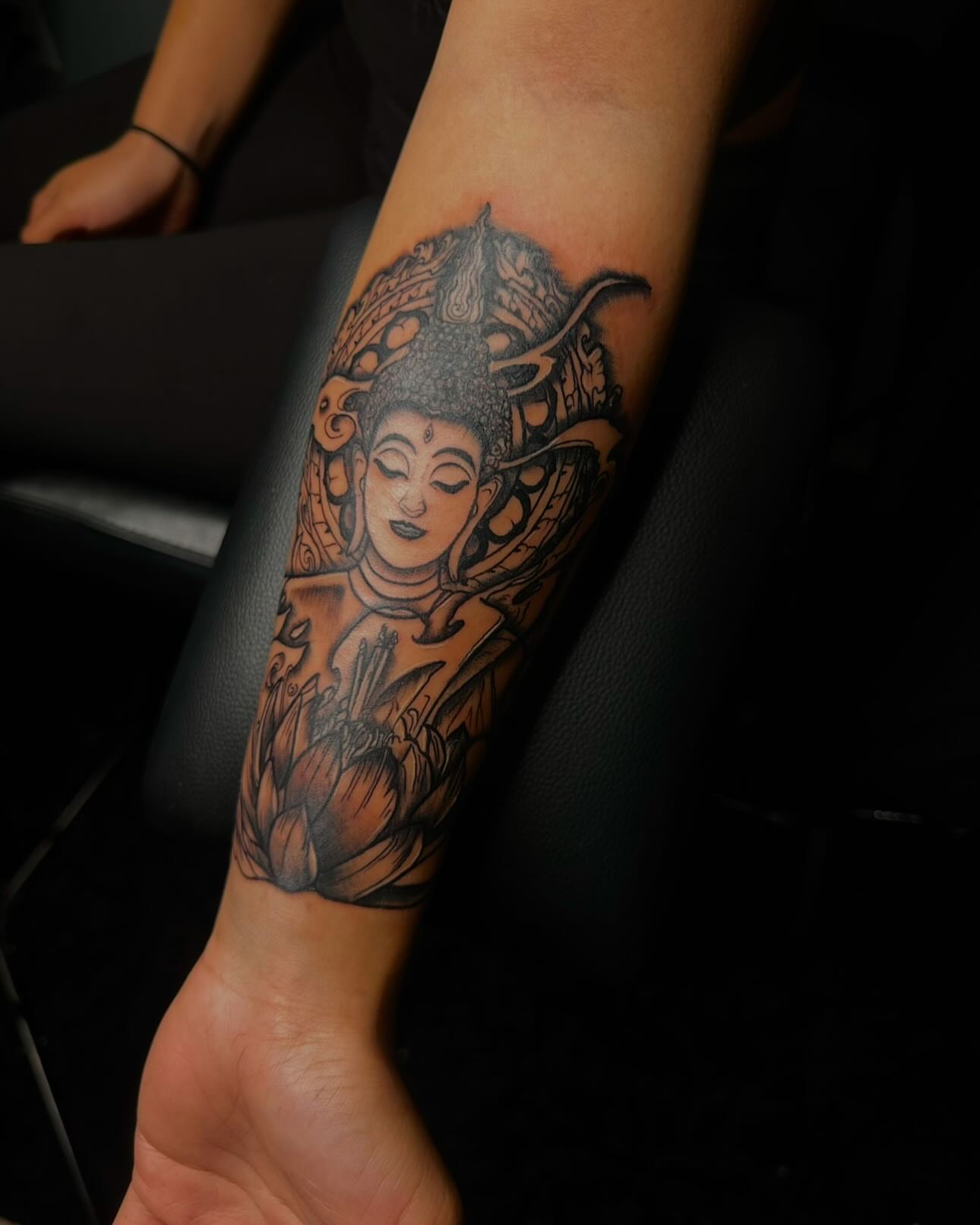 Buddha black and grey tattoo on the forearm by Bay Area Tattoo Artist ✍🏽