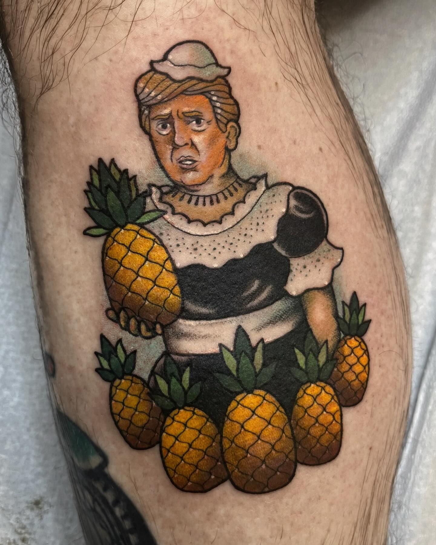 Woman with pineapples American traditional tattoo on the thigh by โถ ๐๐๐๐๐๐๐๐ ๐๐๐ค๐ค๐๐ (๐๐ฆ๐ค๐ฅ๐ช)