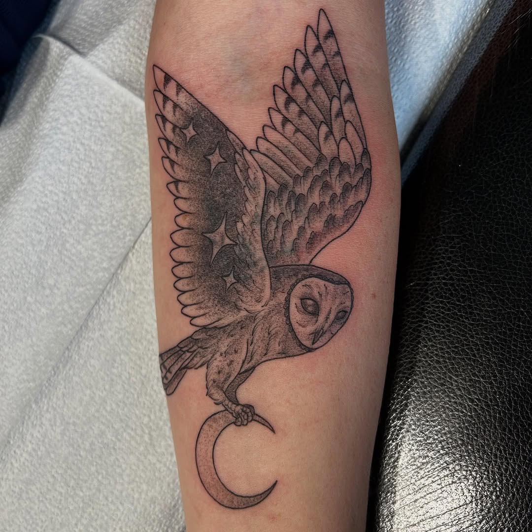 Owl with moon and stars fine line tattoo on the forearm by Jaime Gaiti