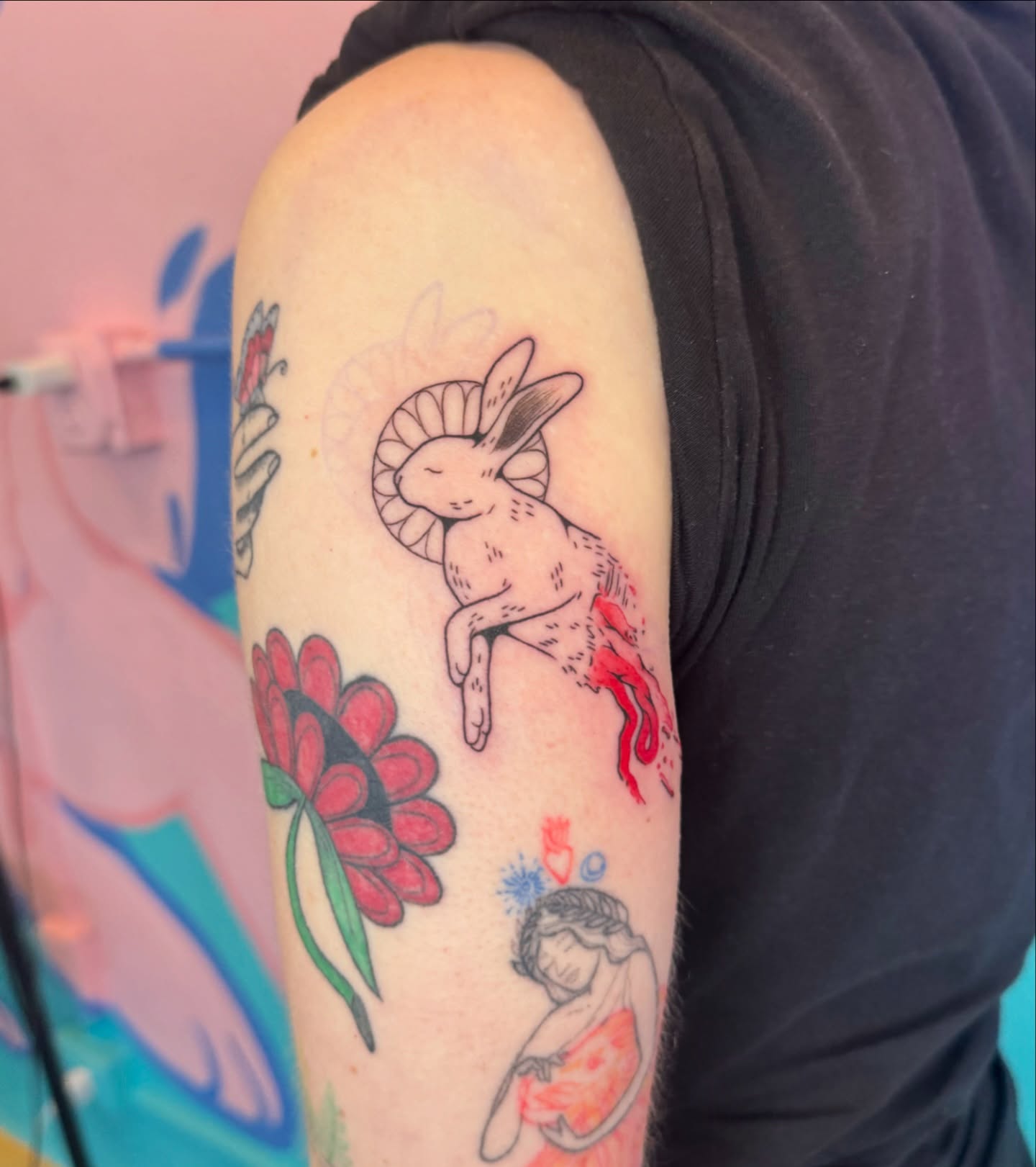 Ram and flower new school tattoo on the forearm by Ivy