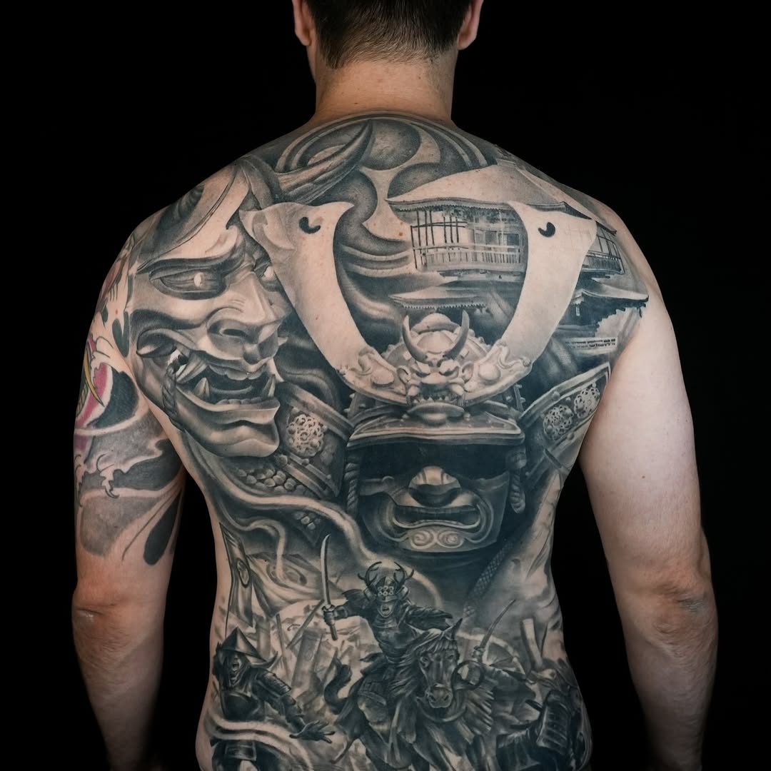 Japanese tattoo on the back by Claude Steven Estrada, Las Vegas, Nevada