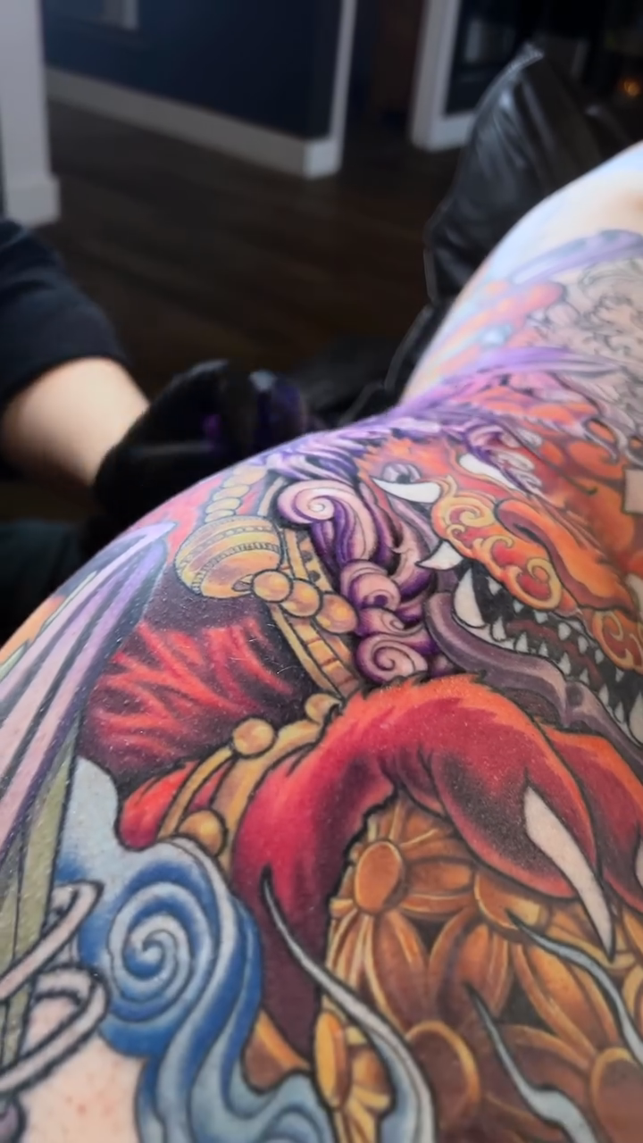 Dragon and elephant japanese irezumi tattoo by Walt Watts, Salt Lake City, Utah