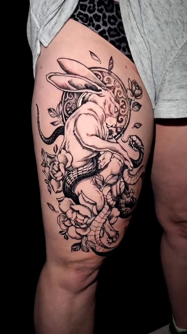 Rabbit and snake neo-traditional tattoo by Sydney Paige, Mentor, Ohio