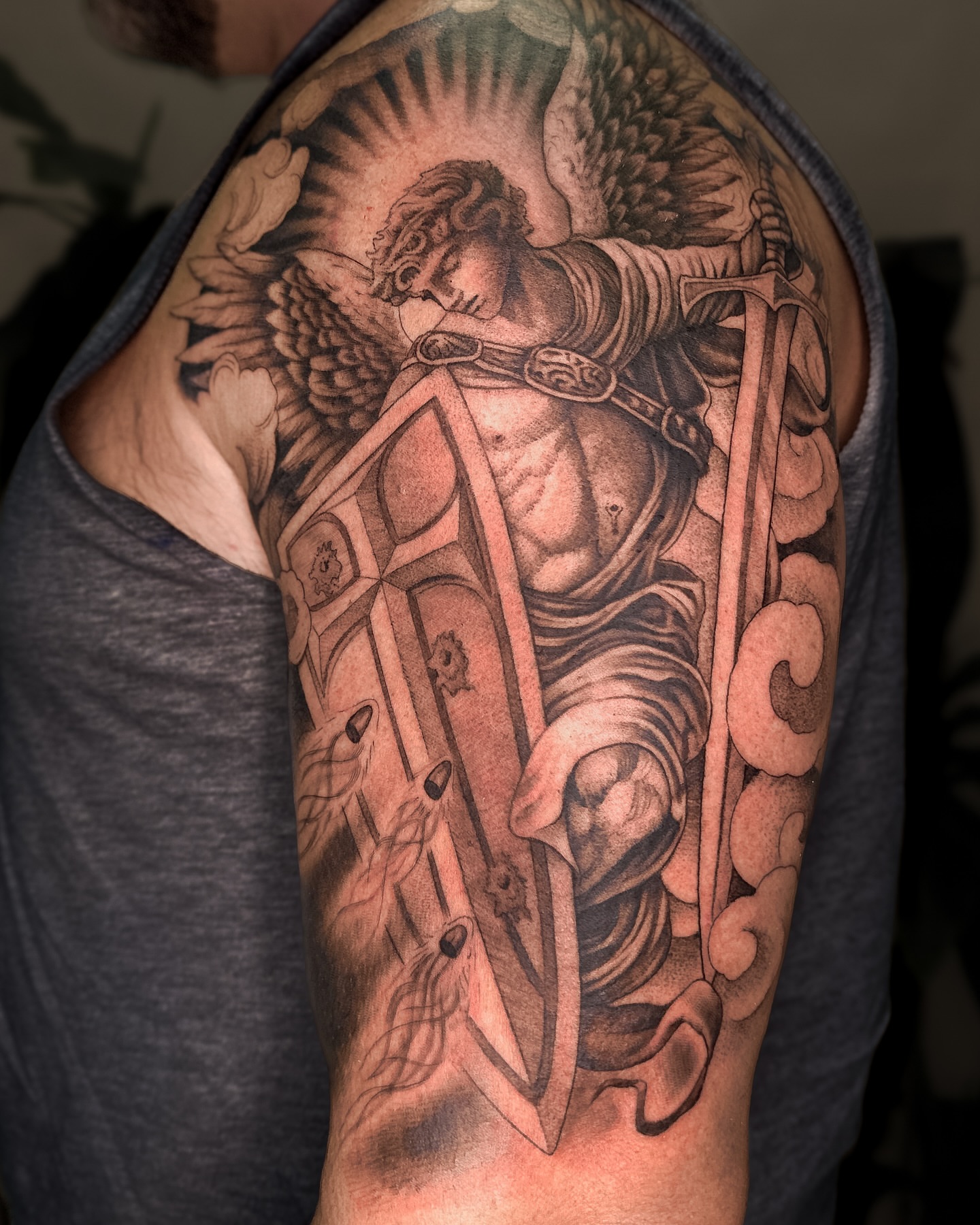 Angel with sword realism tattoo on the shoulder by James Hix - Tattoo Artist, Fort Worth, Texas