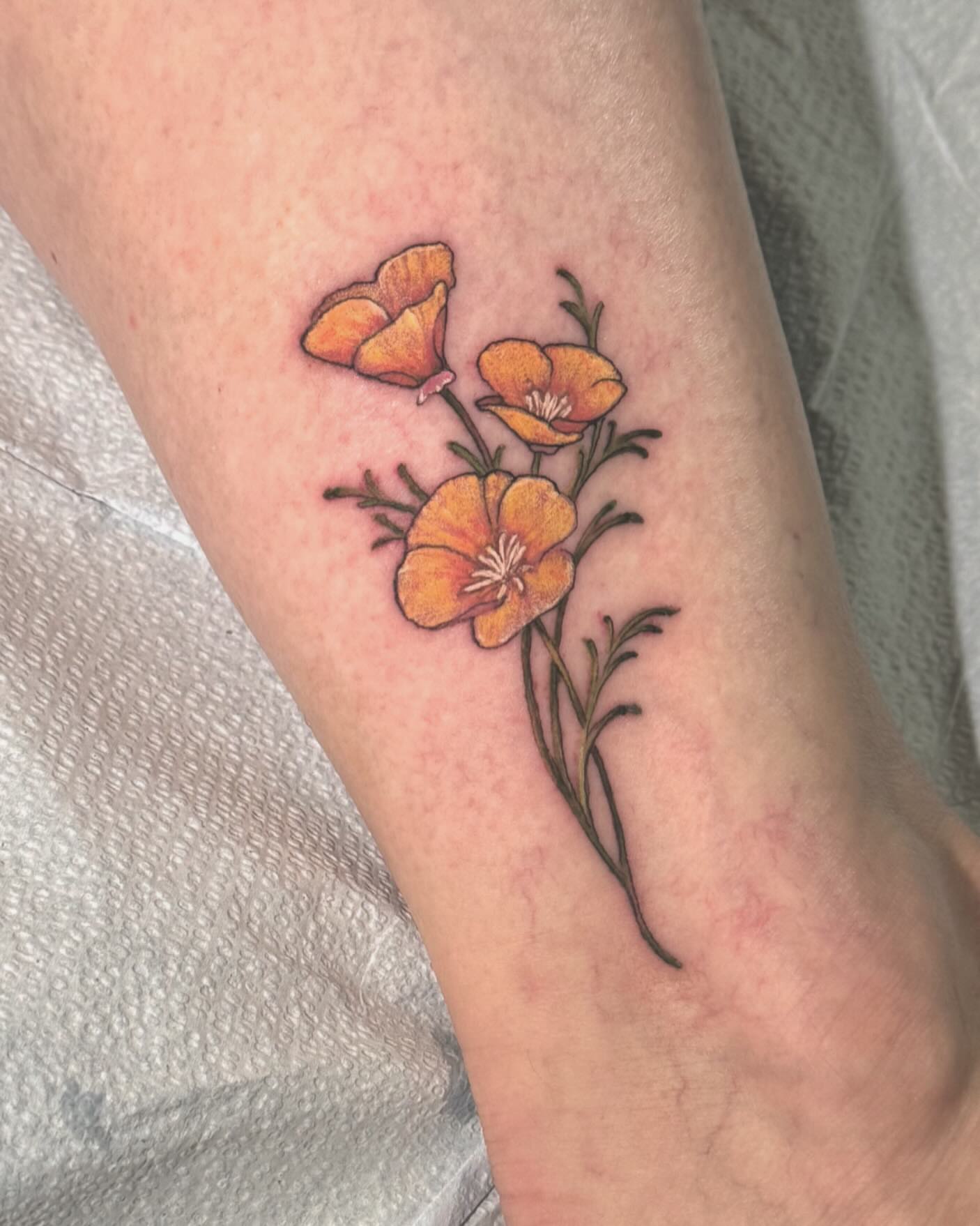 California poppy realism tattoo on the forearm by đź’›Kristinađź’› tattoos with intention, Minneapolis, Minnesota