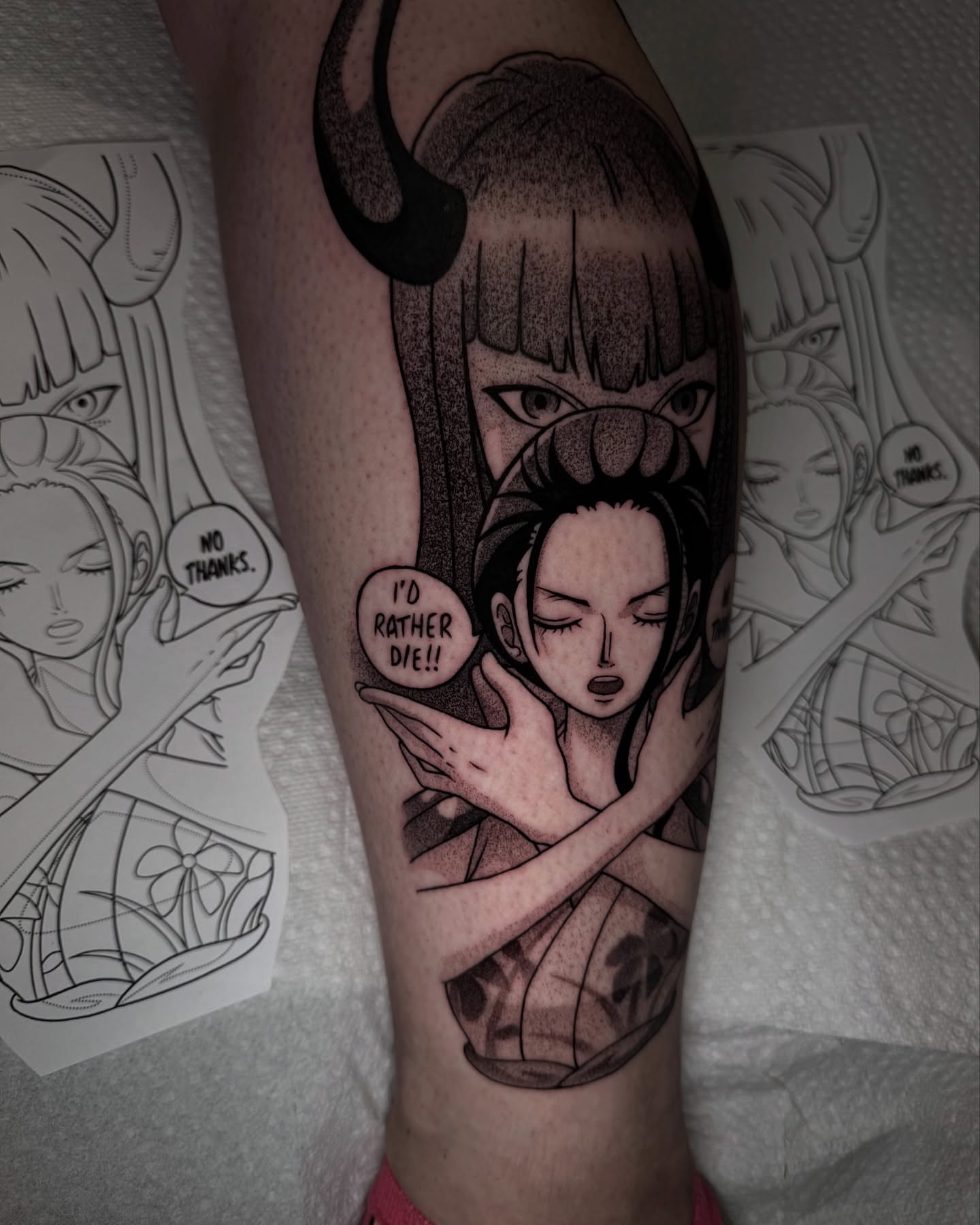 Anime characters dotwork tattoo on the forearm by Anthony D. Rustik