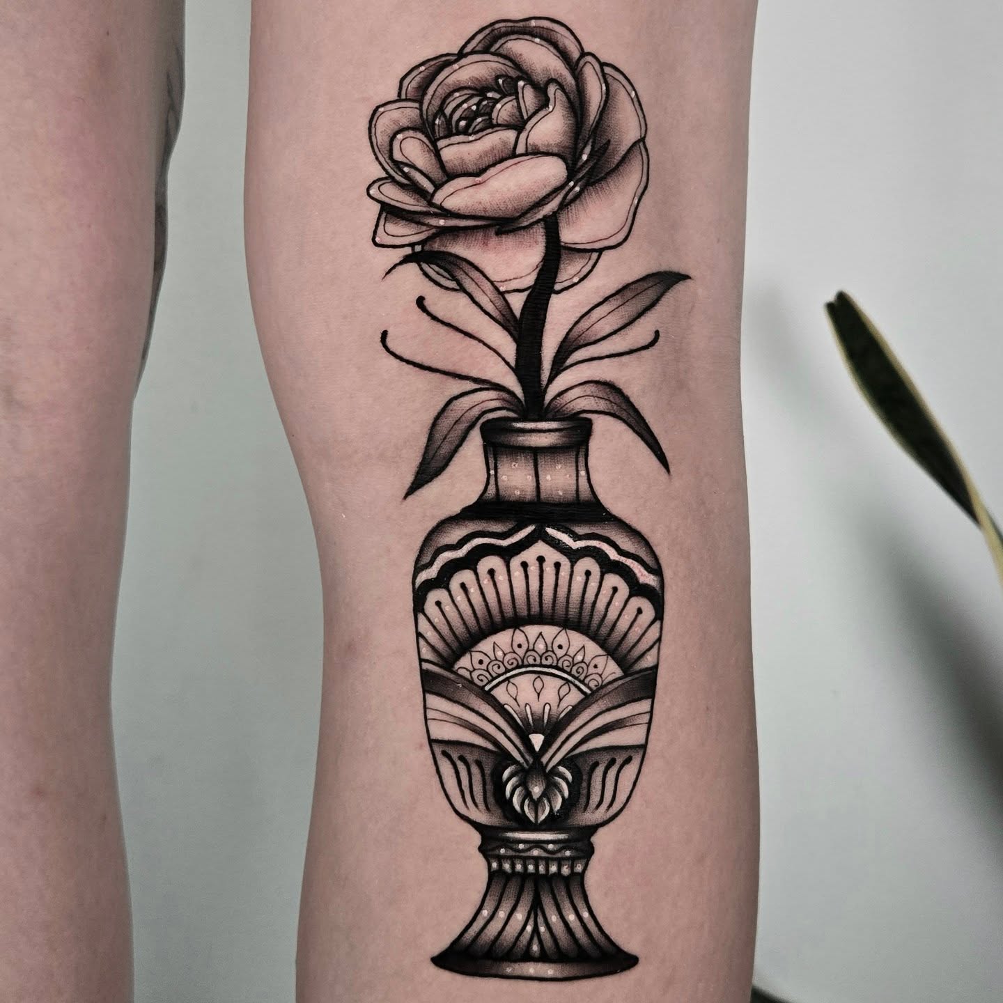 Rose in vase black and grey tattoo on the forearm by ✮ Monarch Tattoos ✮