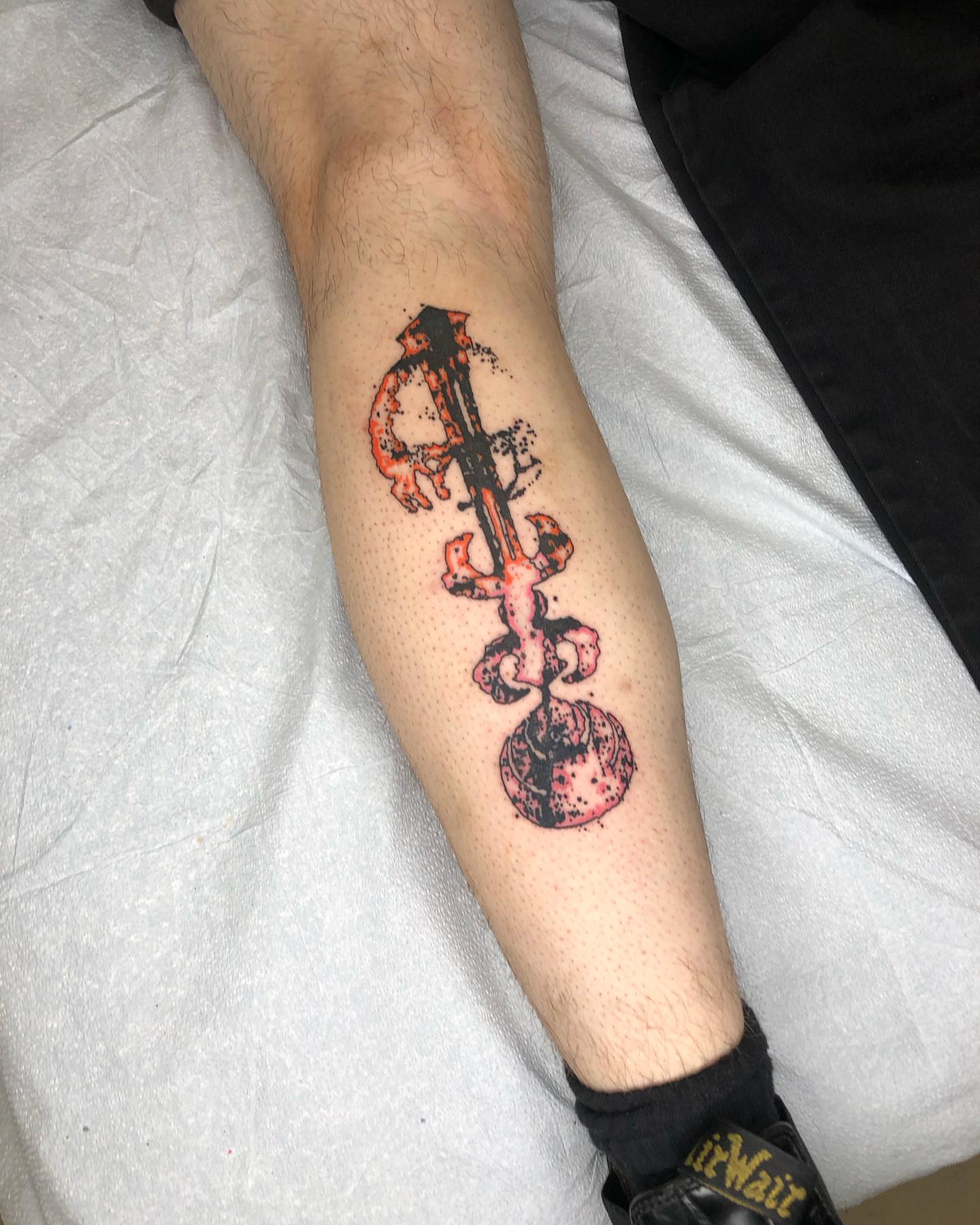 Musical instrument dotwork tattoo on the forearm by @emotionalthugtattoo