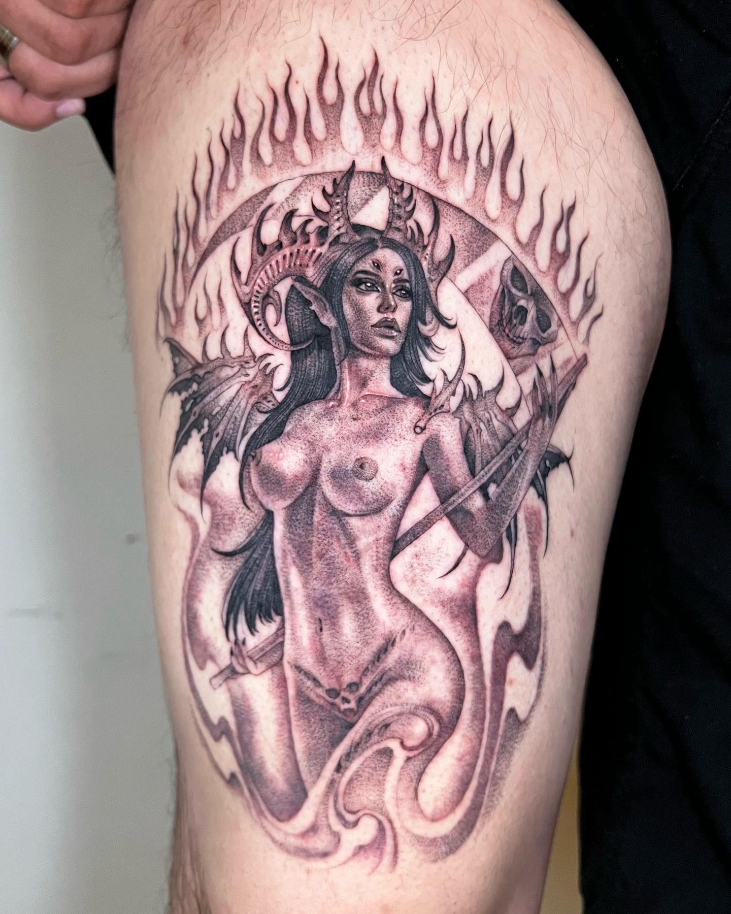 Naked woman with horns realism tattoo on the thigh by ๐ค ๐๐๐๐๐๐ ๐ค