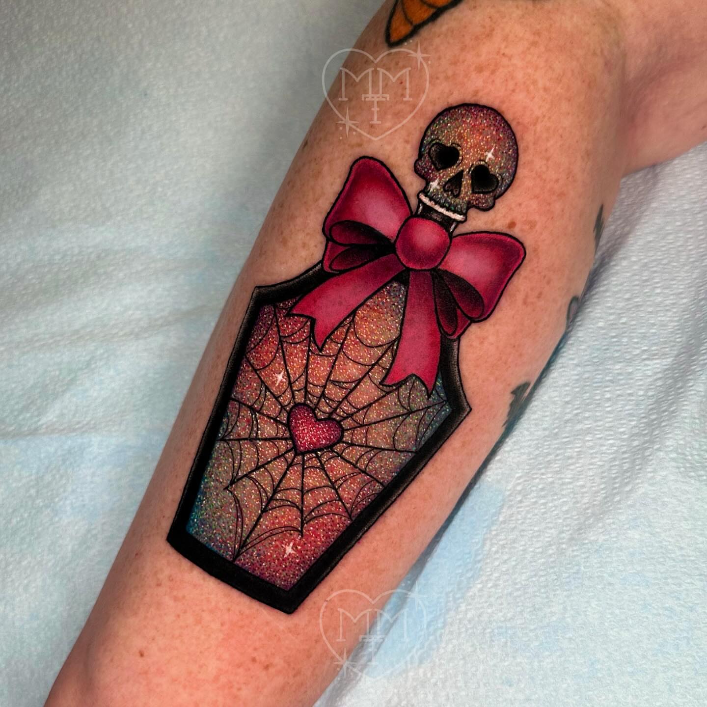 Coffin with skull dotwork tattoo on the forearm by πΈπππππππ πΈππππππππ, Bel Air, Maryland