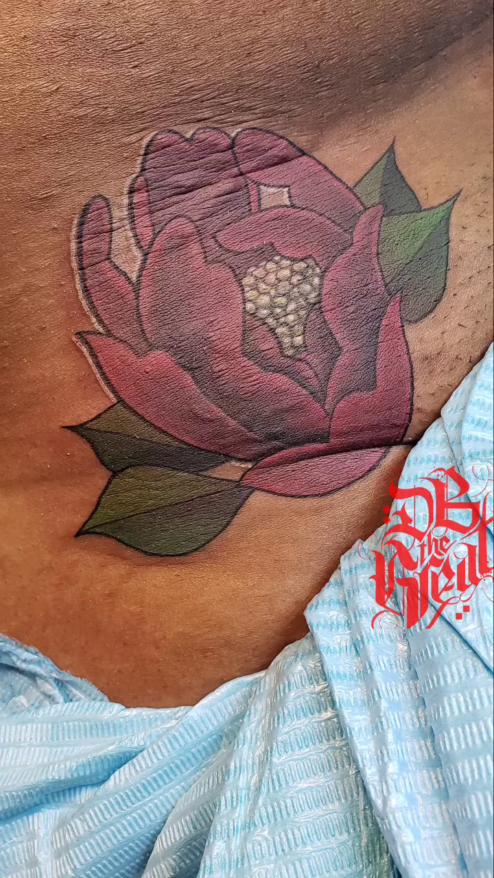 Peony flower neo-traditional tattoo by Dannie Blythewood