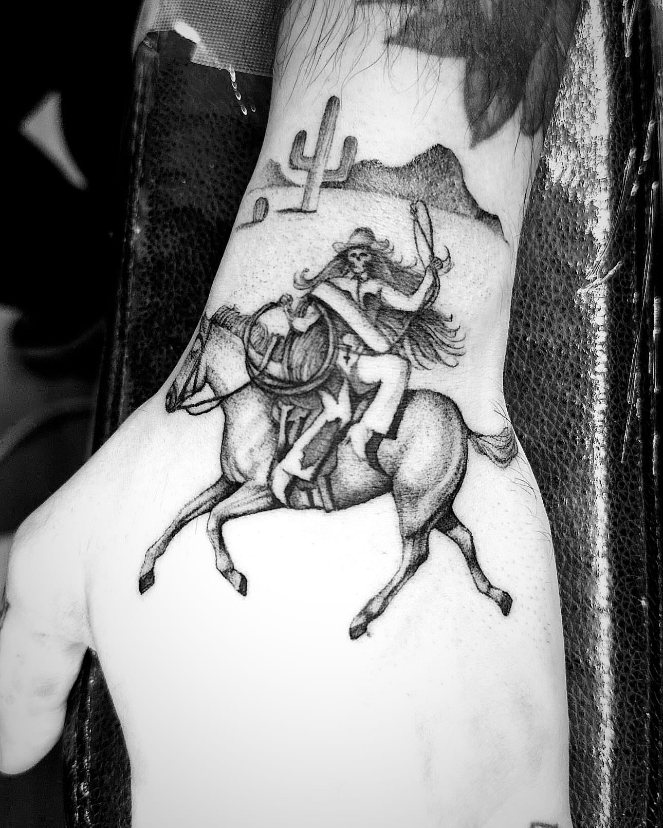 Cowgirl riding horse dotwork tattoo on the forearm by ⠀Joey Rosado