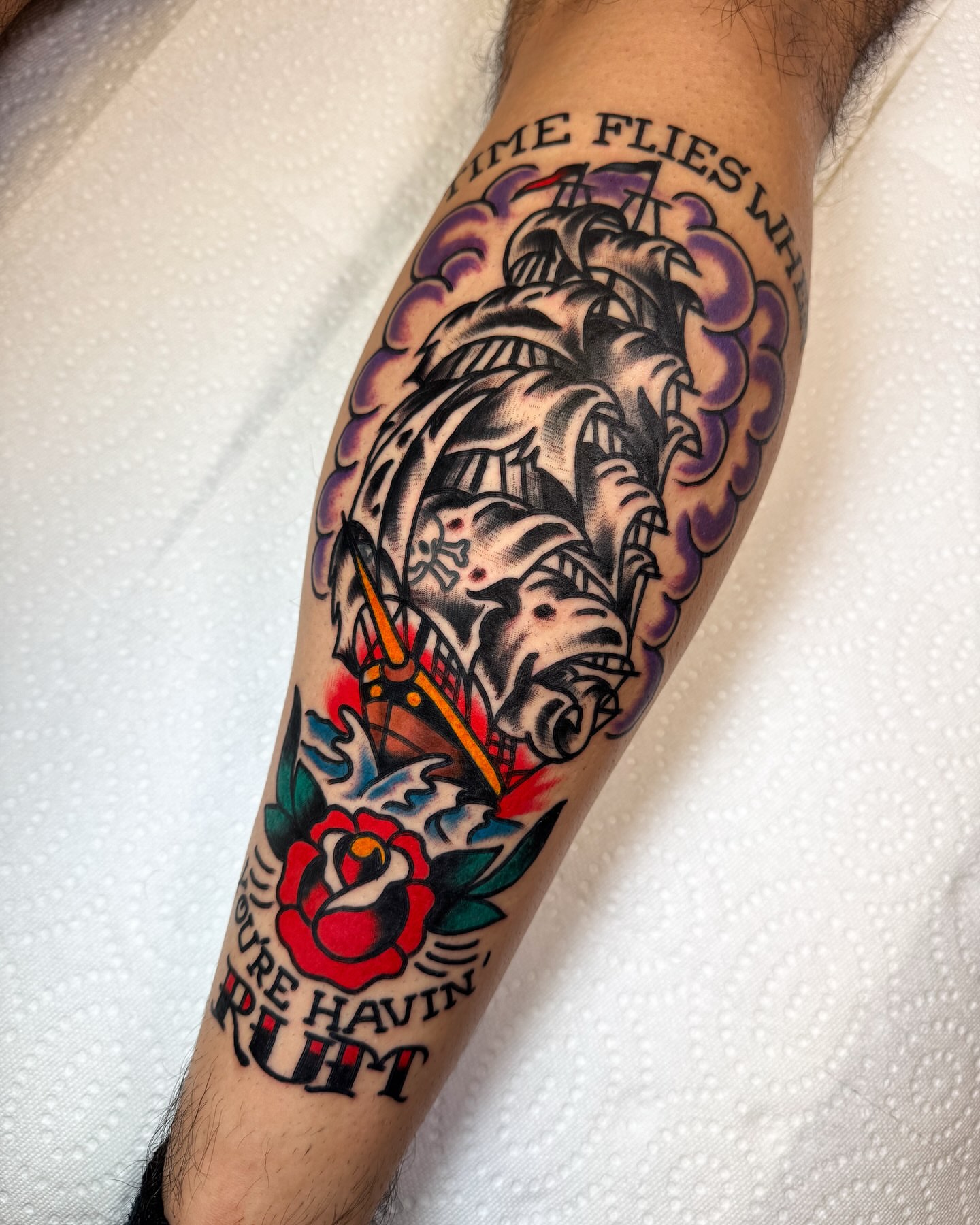 Ship and rose American traditional tattoo on the forearm by Alex Kass 🥩 San Antonio TX, San Antonio, Texas