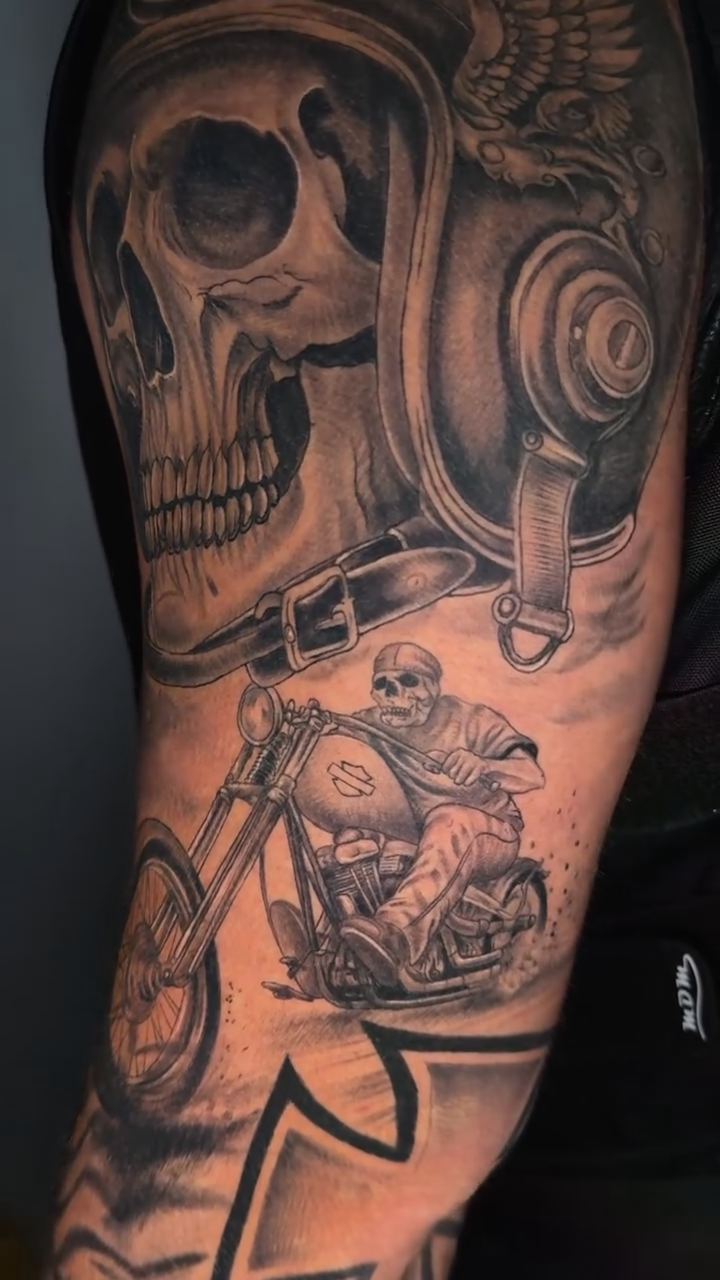 Tattoo by @kodi_tattoo β realism, black_and_grey