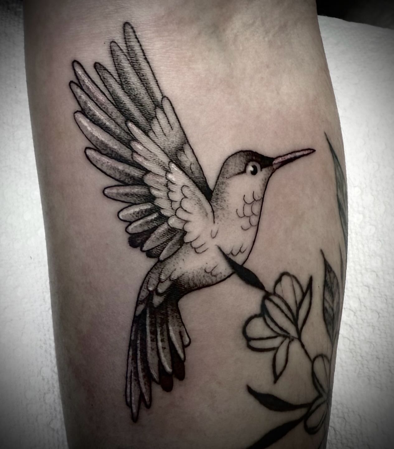 Hummingbird black and grey tattoo on the forearm by Jameson William Cowan