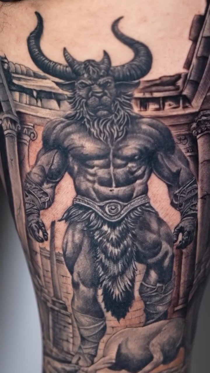 Demonic figure in classical ruins realism tattoo by Dharma.tattoo