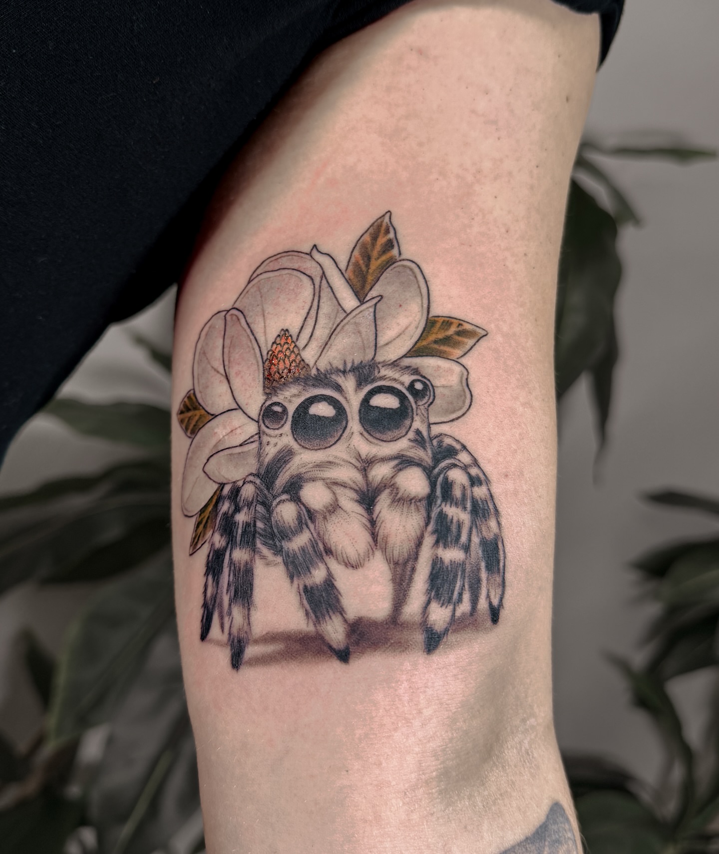 Bee with magnolia realism tattoo on the thigh by James Hix - Tattoo Artist, Fort Worth, Texas
