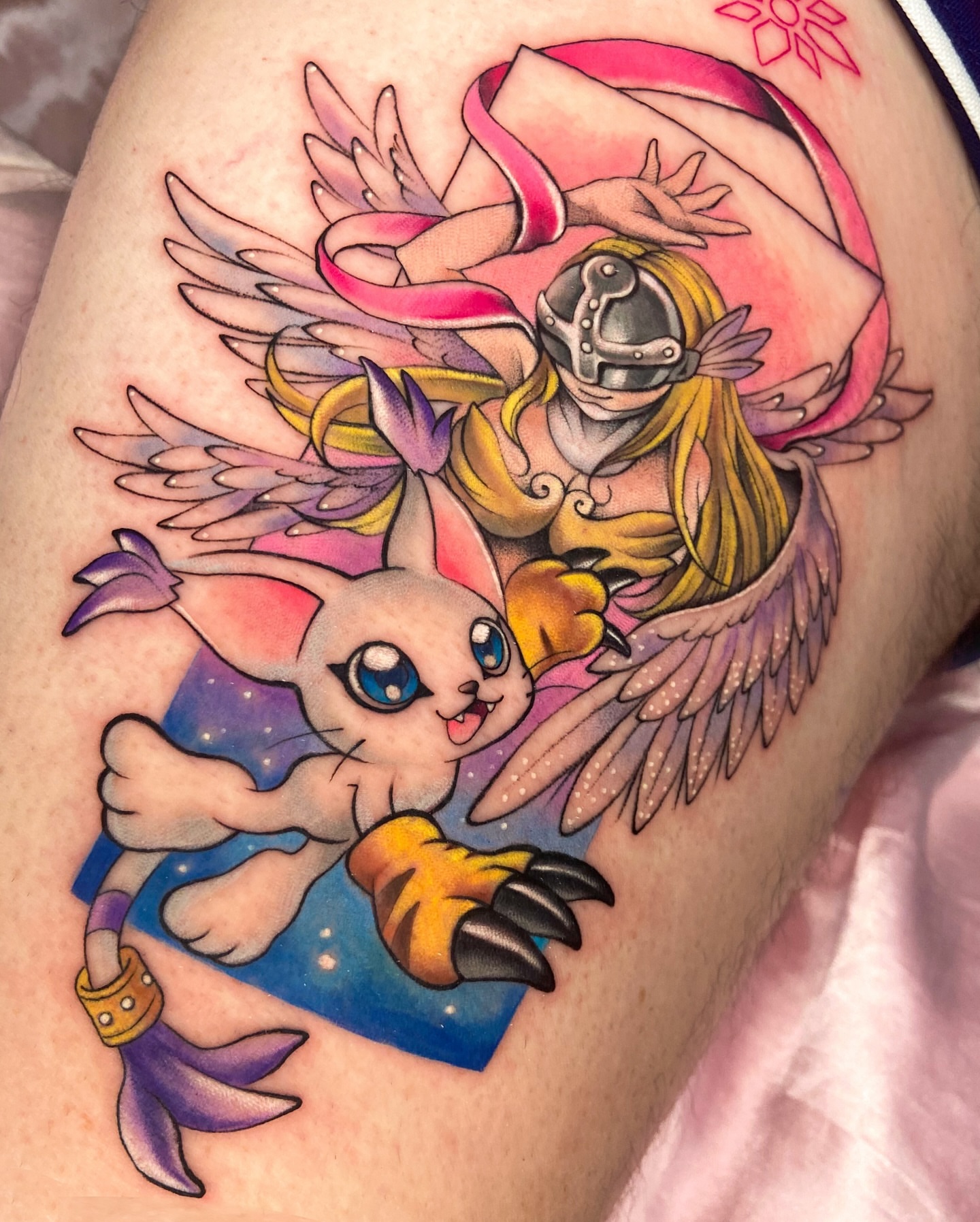 Eevee and Fairy Knight new school tattoo on the thigh by Maria Camila yepes, Bogotá, Bogotá, Distrito Capital