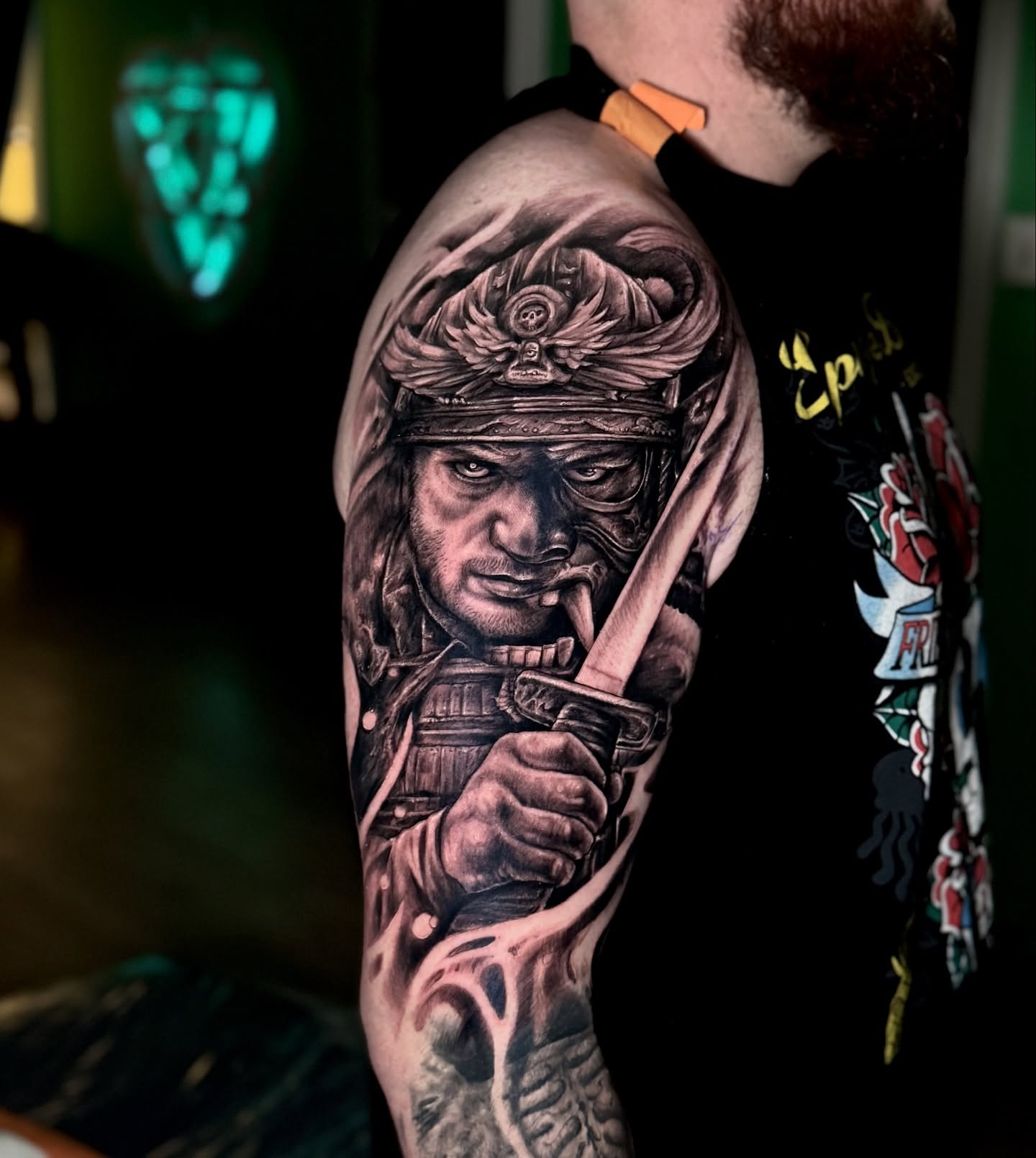 Samurai warrior realism tattoo on the upper arm by Justin (iam3) Leifeste