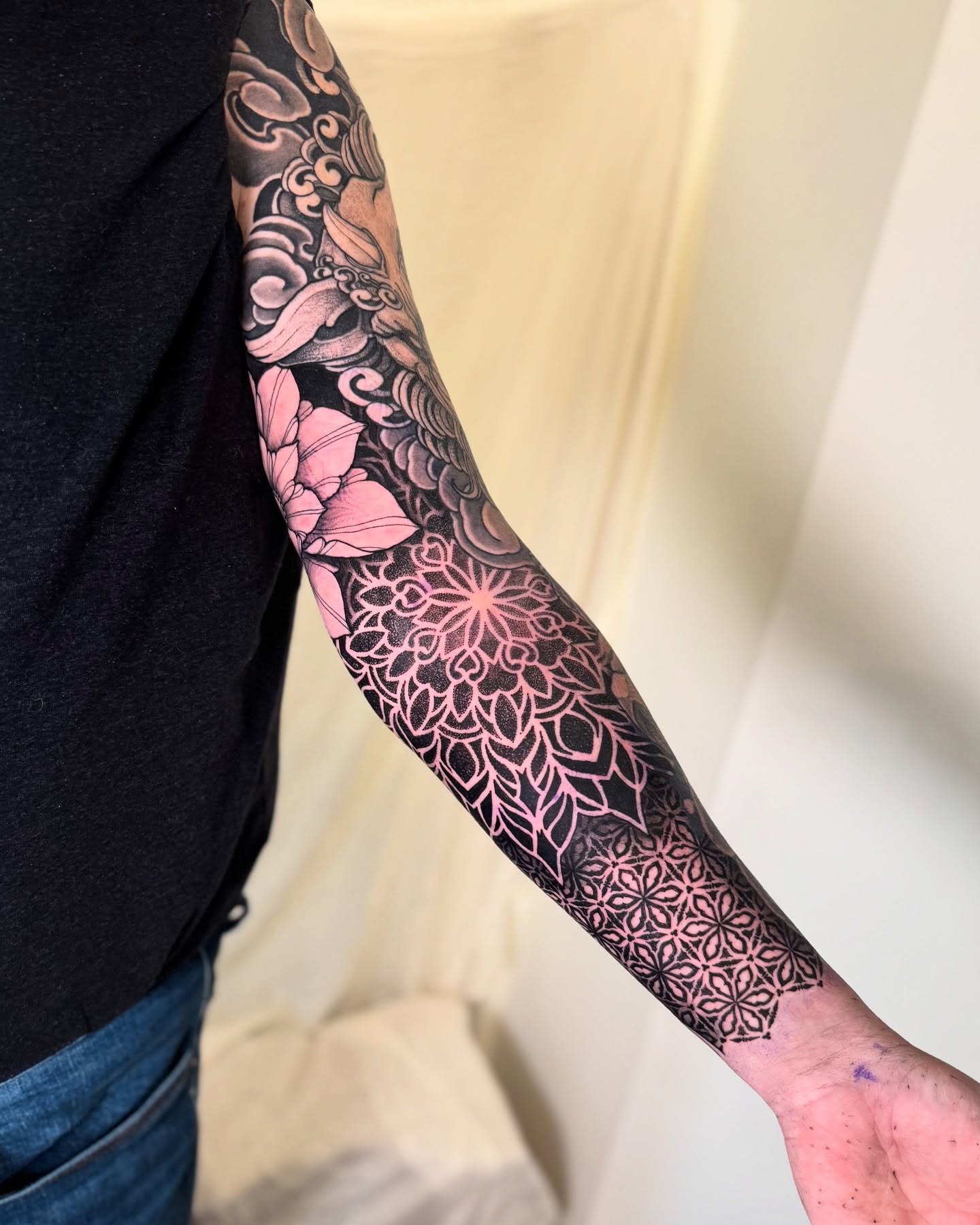 Tattoo by @fleur.tattoos — black_and_grey, geometric