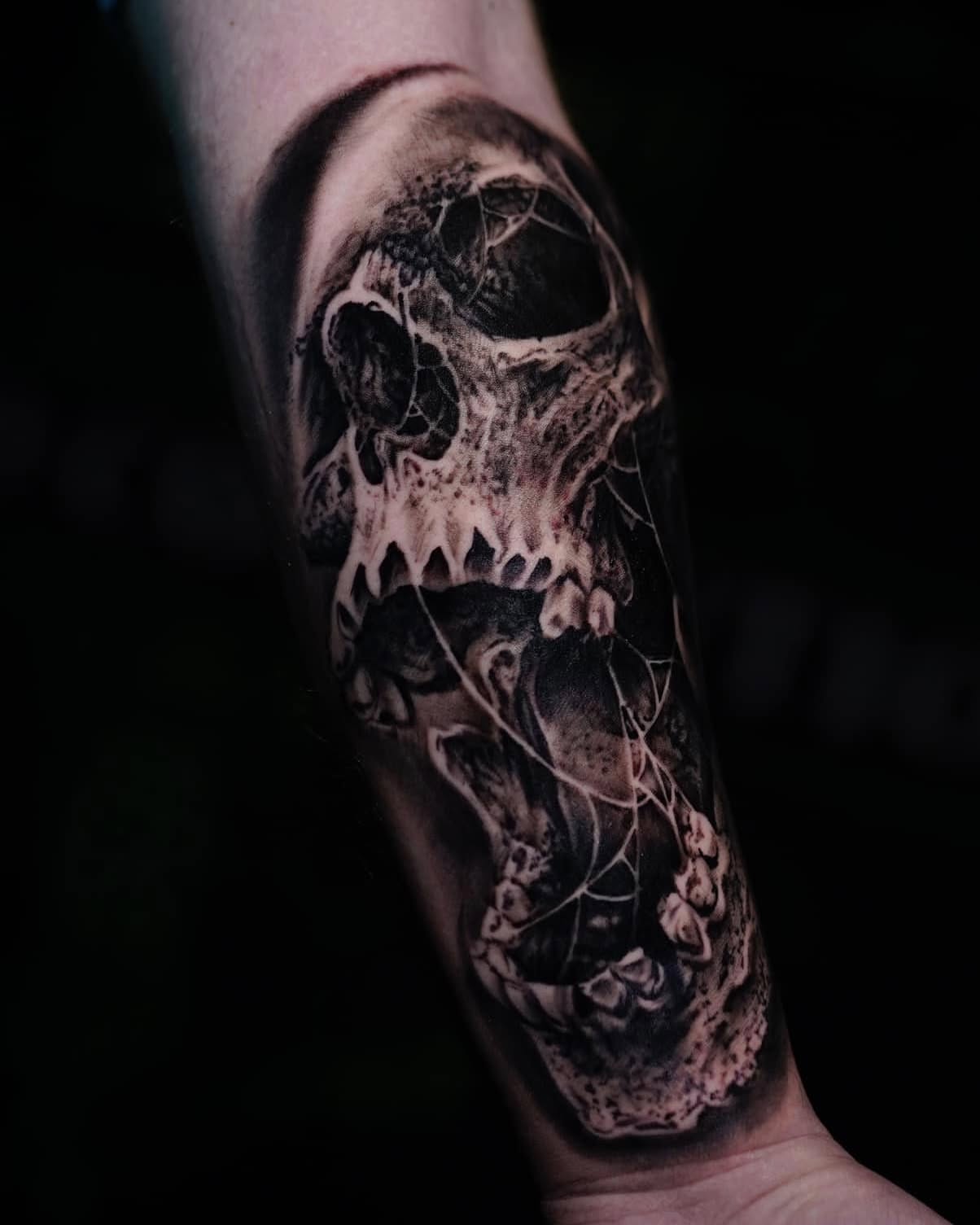 Skull realism tattoo on the forearm by Zacharee Osborn