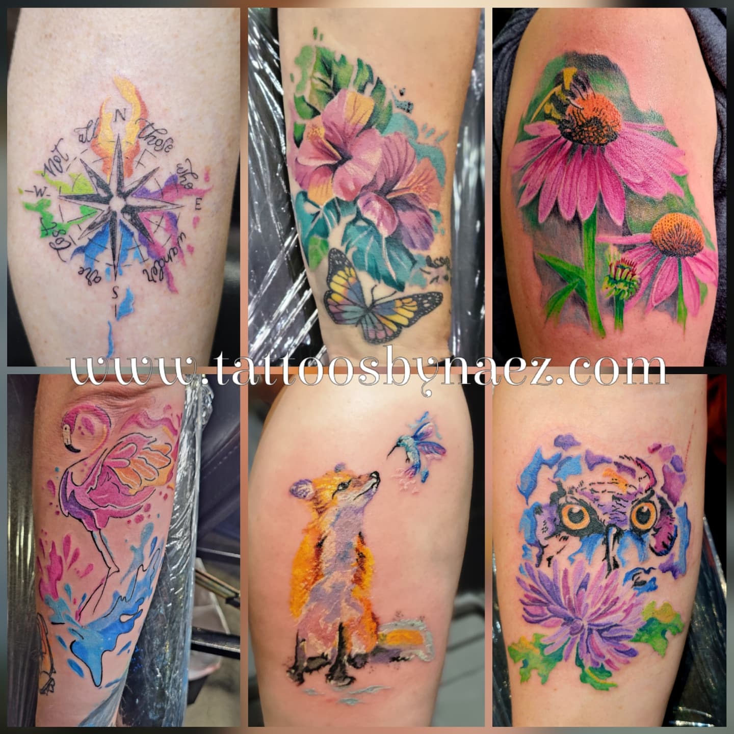Watercolor floral and animal motifs watercolor tattoo on the upper arm by Naez Ink AKA Renae Madison, Macomb, Illinois