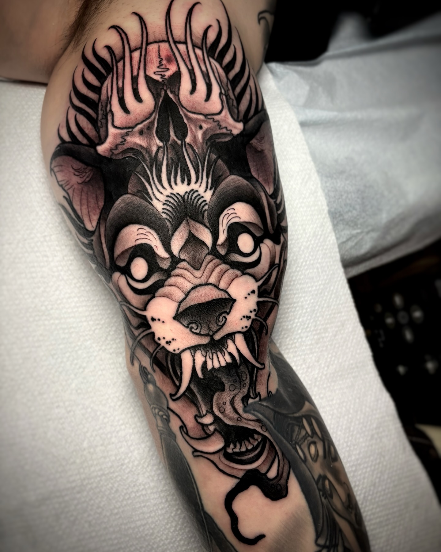 Demon mask japanese irezumi tattoo on the forearm by π΅πππ πΎπππππππ, Penndel, Pennsylvania