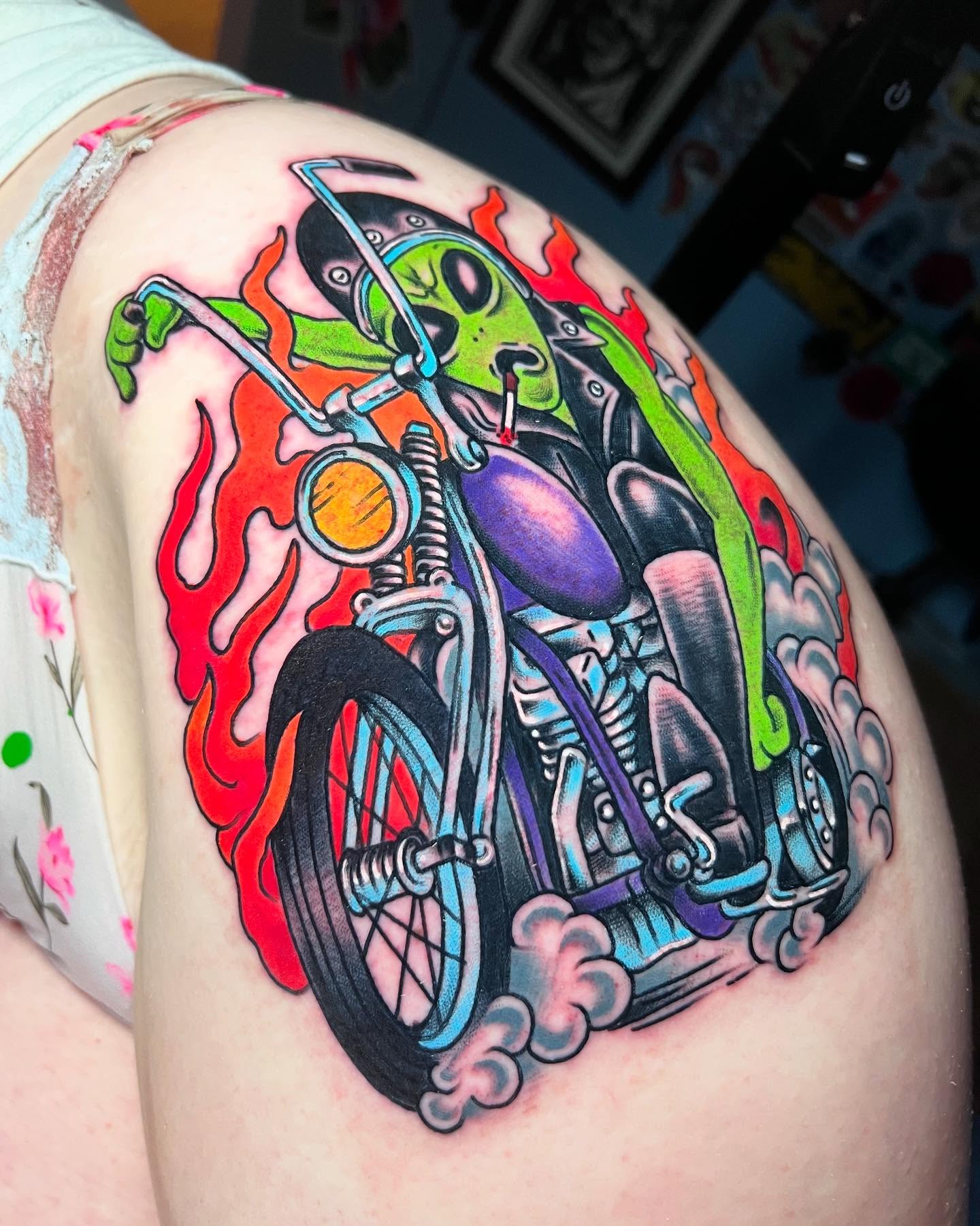 Alien motorcycle American traditional tattoo on the thigh by Barron