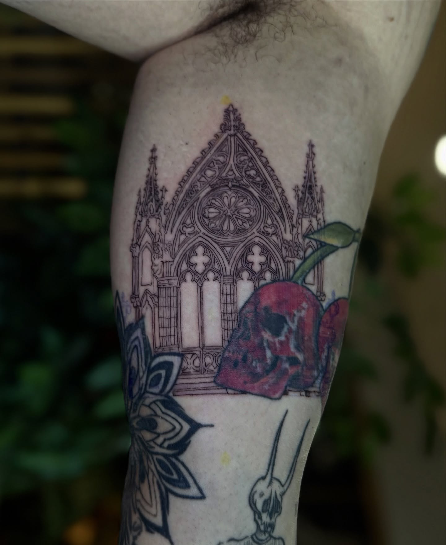 Gothic cathedral and cherry geometric tattoo on the forearm by chloe🗡️🖤🦇🩸