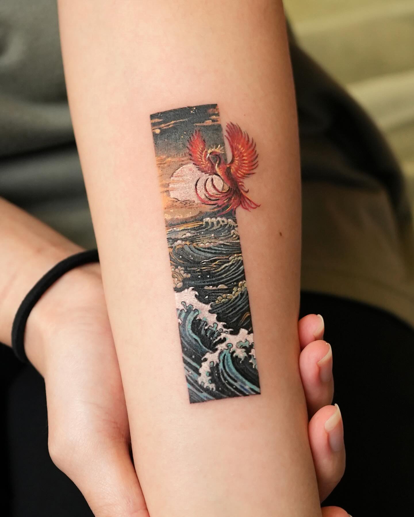 Bird flying over waves japanese irezumi tattoo on the forearm by EQ