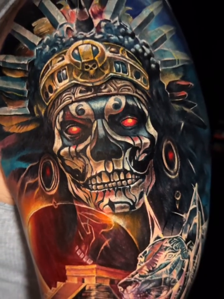 Skull and headdress realism tattoo by Noelin Wheeler