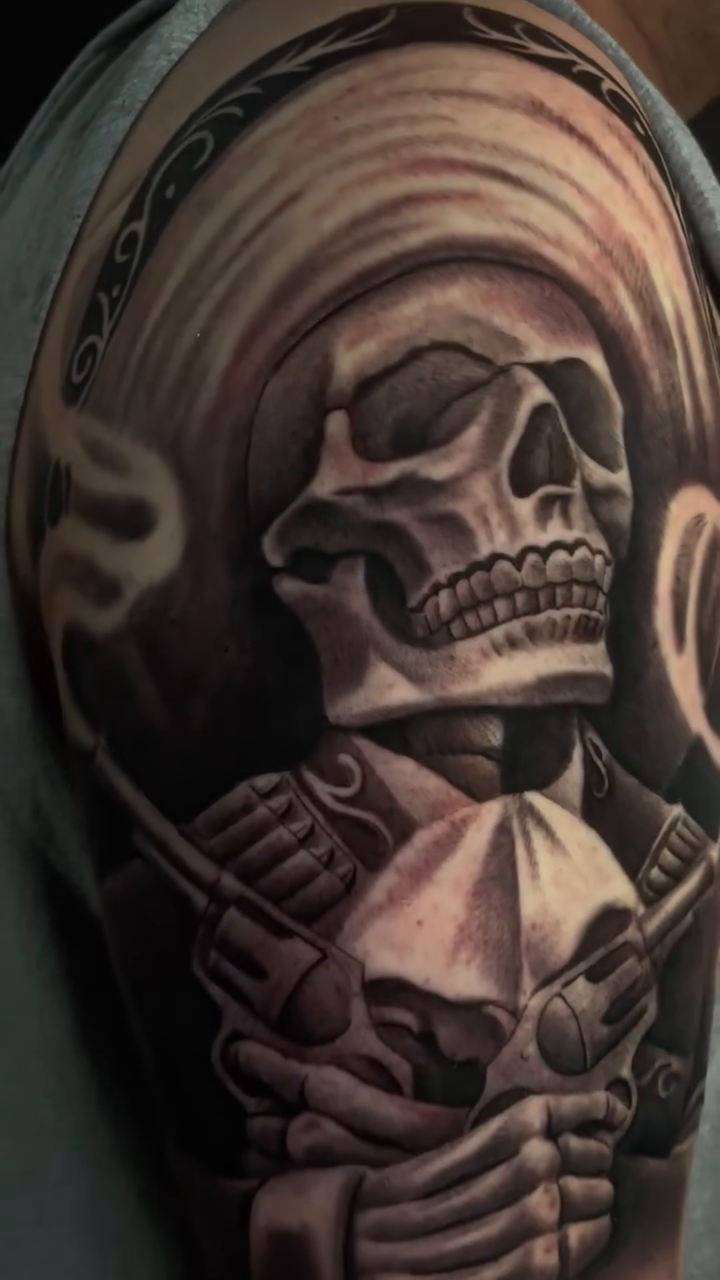 Grim Reaper mariachi dark realism tattoo by Vic