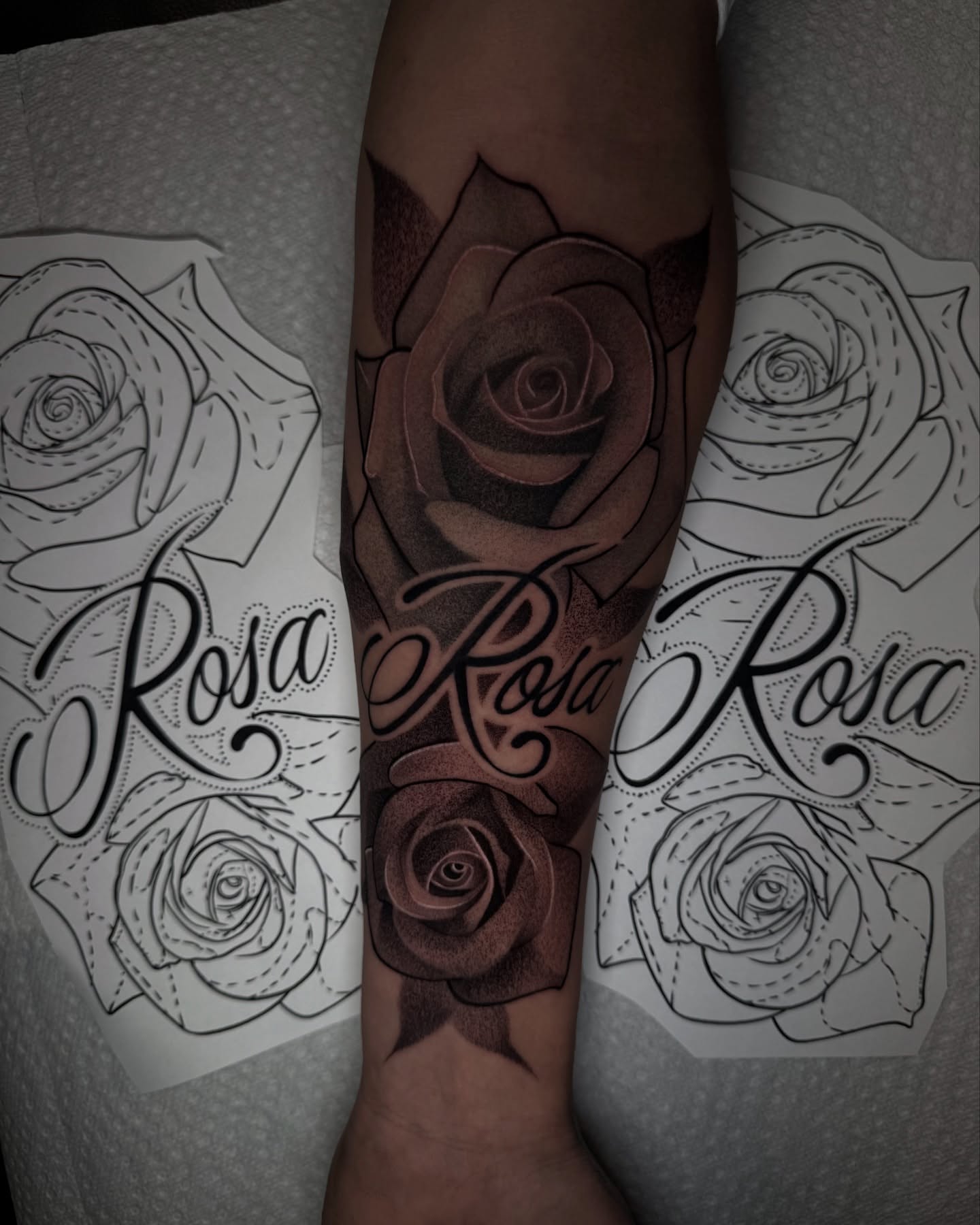 Rose black and grey tattoo on the forearm by Anthony D. Rustik