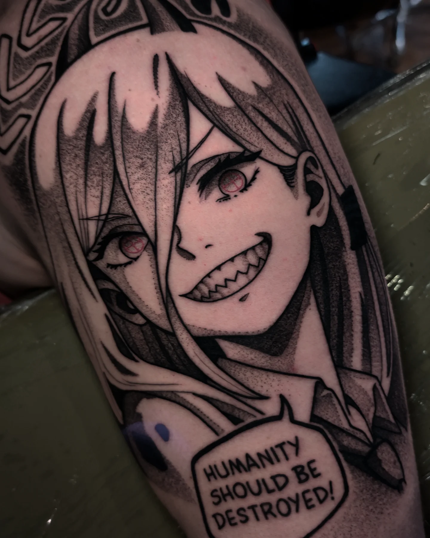 Anime character dotwork tattoo on the forearm by Craig St Peter, Kansas City, Missouri
