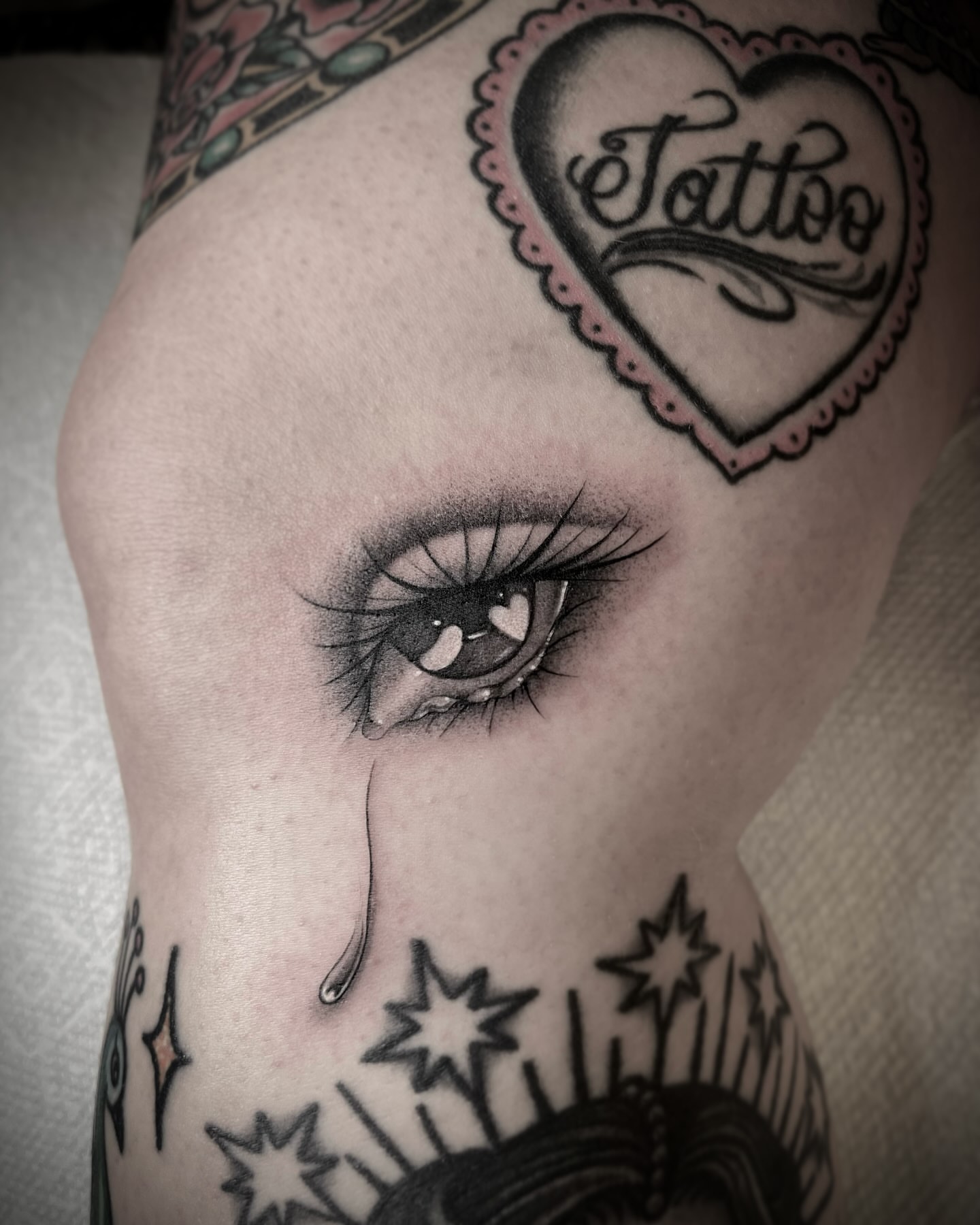 Tearful eye realism tattoo on the thigh by Martha Gual π€ East ATX Tattooer