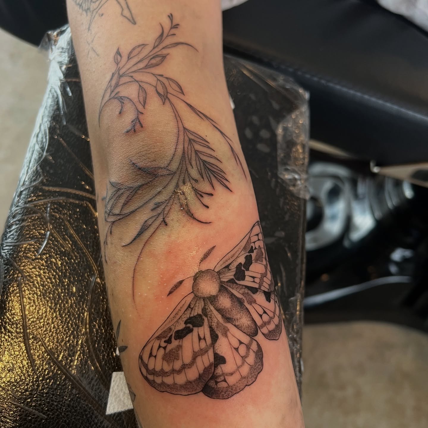 Butterfly and feather black and grey tattoo on the forearm by Dom
